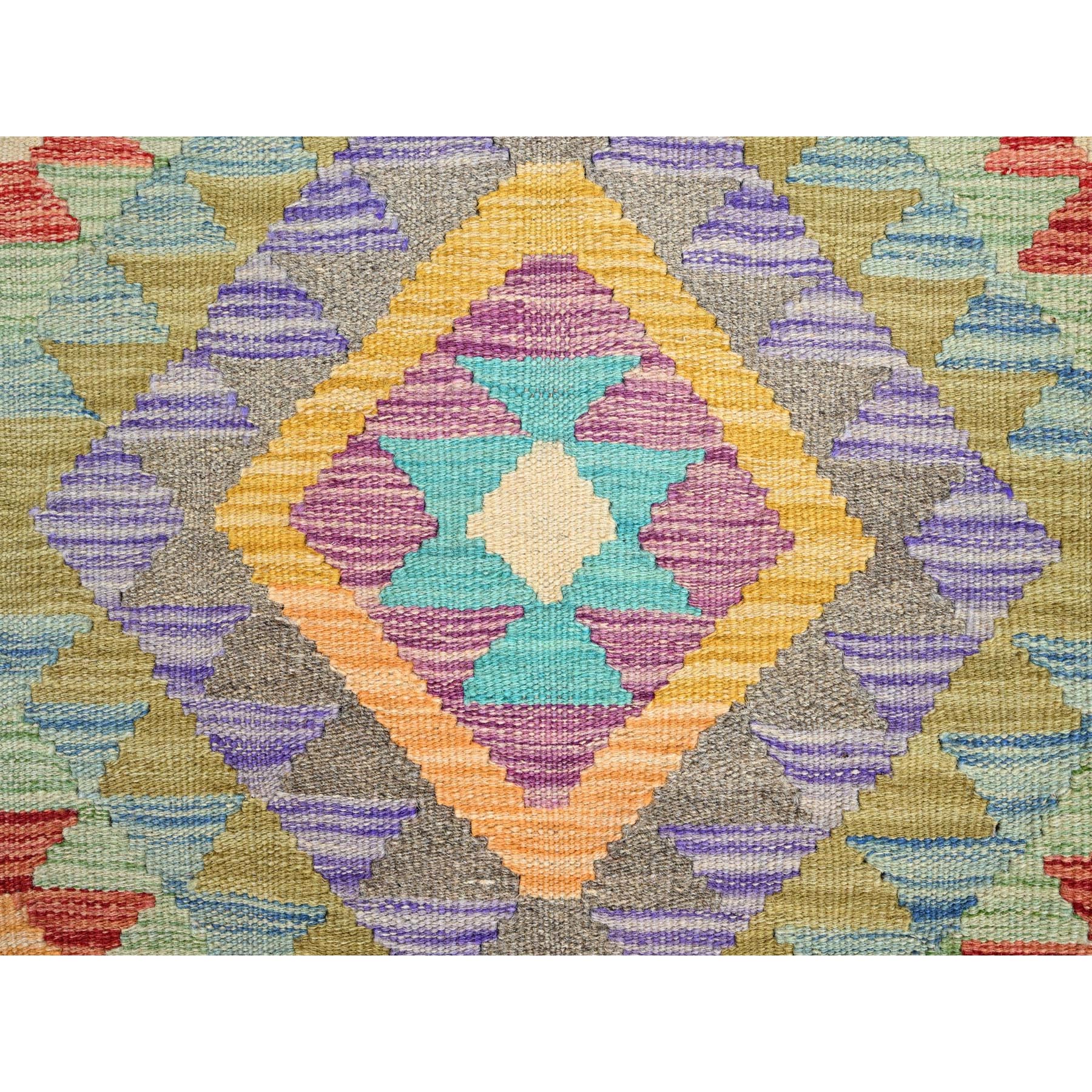 1'10"x3' Colorful, Natural Dyes, Flat Weave, Reversible, Extra Soft Wool, Afghan Kilim with Geometric Pattern, Hand Woven, Oriental Rug Sh85745
