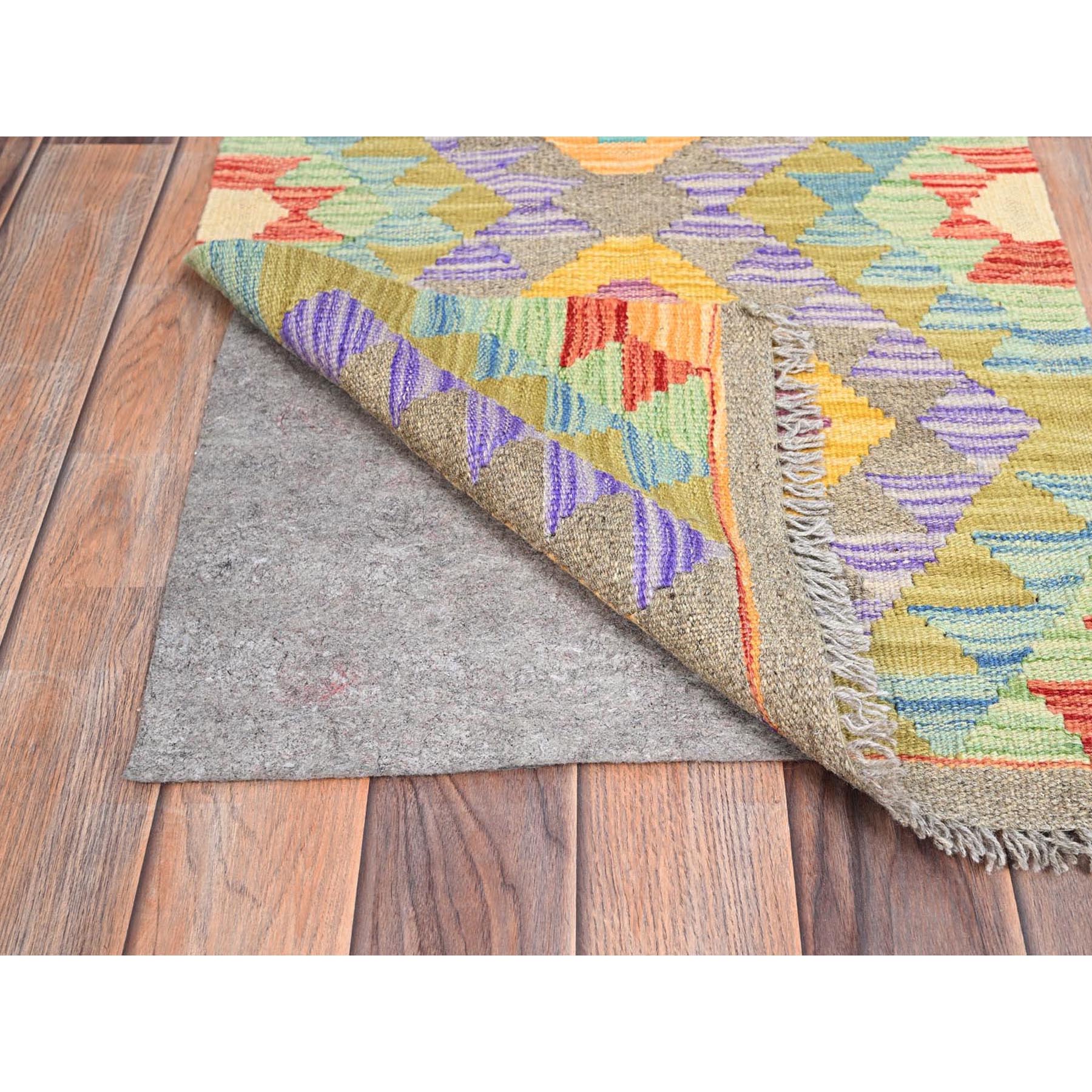 1'10"x3' Colorful, Natural Dyes, Flat Weave, Reversible, Extra Soft Wool, Afghan Kilim with Geometric Pattern, Hand Woven, Oriental Rug Sh85745