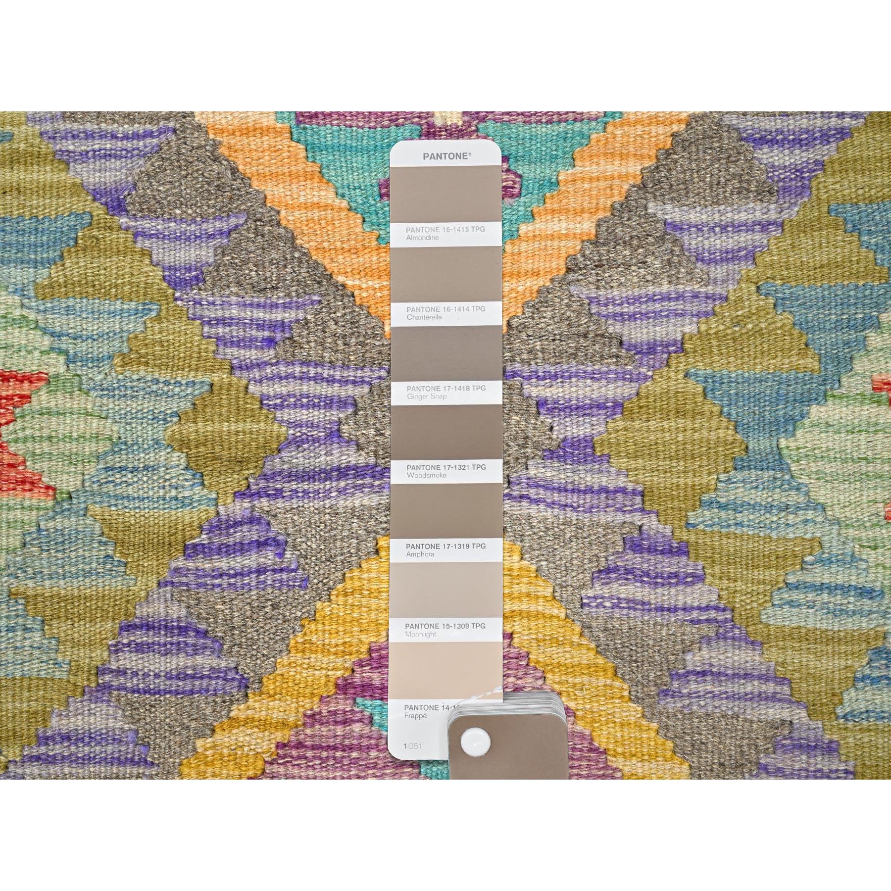 1'10"x3' Colorful, Natural Dyes, Flat Weave, Reversible, Extra Soft Wool, Afghan Kilim with Geometric Pattern, Hand Woven, Oriental Rug Sh85745