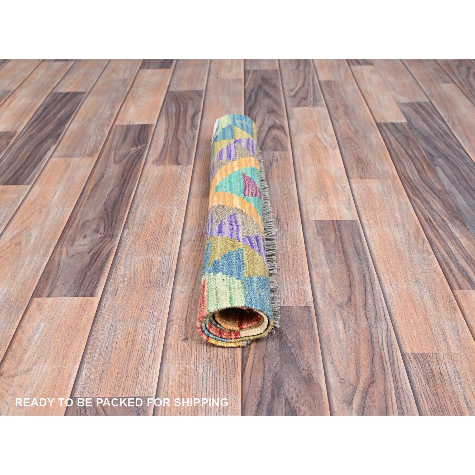 1'10"x3' Colorful, Natural Dyes, Flat Weave, Reversible, Extra Soft Wool, Afghan Kilim with Geometric Pattern, Hand Woven, Oriental Rug Sh85745