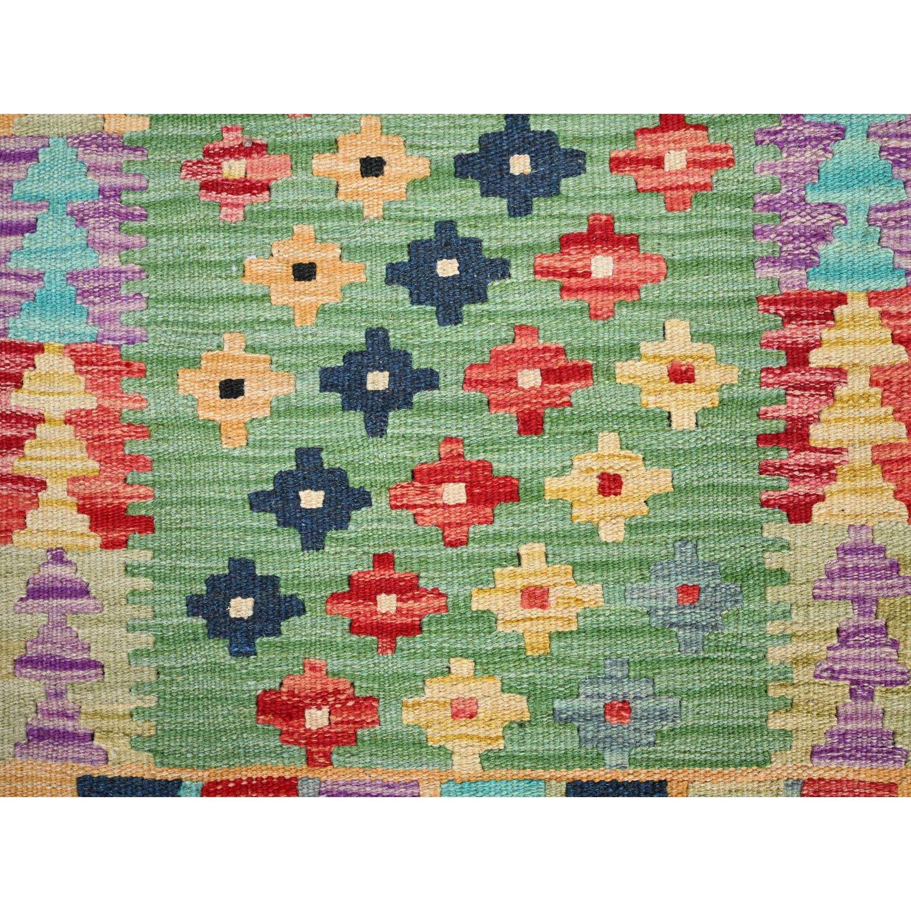 2'x3' Fern Green, Natural Dyes, Soft Wool, Reversible, Flat Weave, Afghan Kilim with Geometric Pattern, Hand Woven, Oriental Rug Sh85749