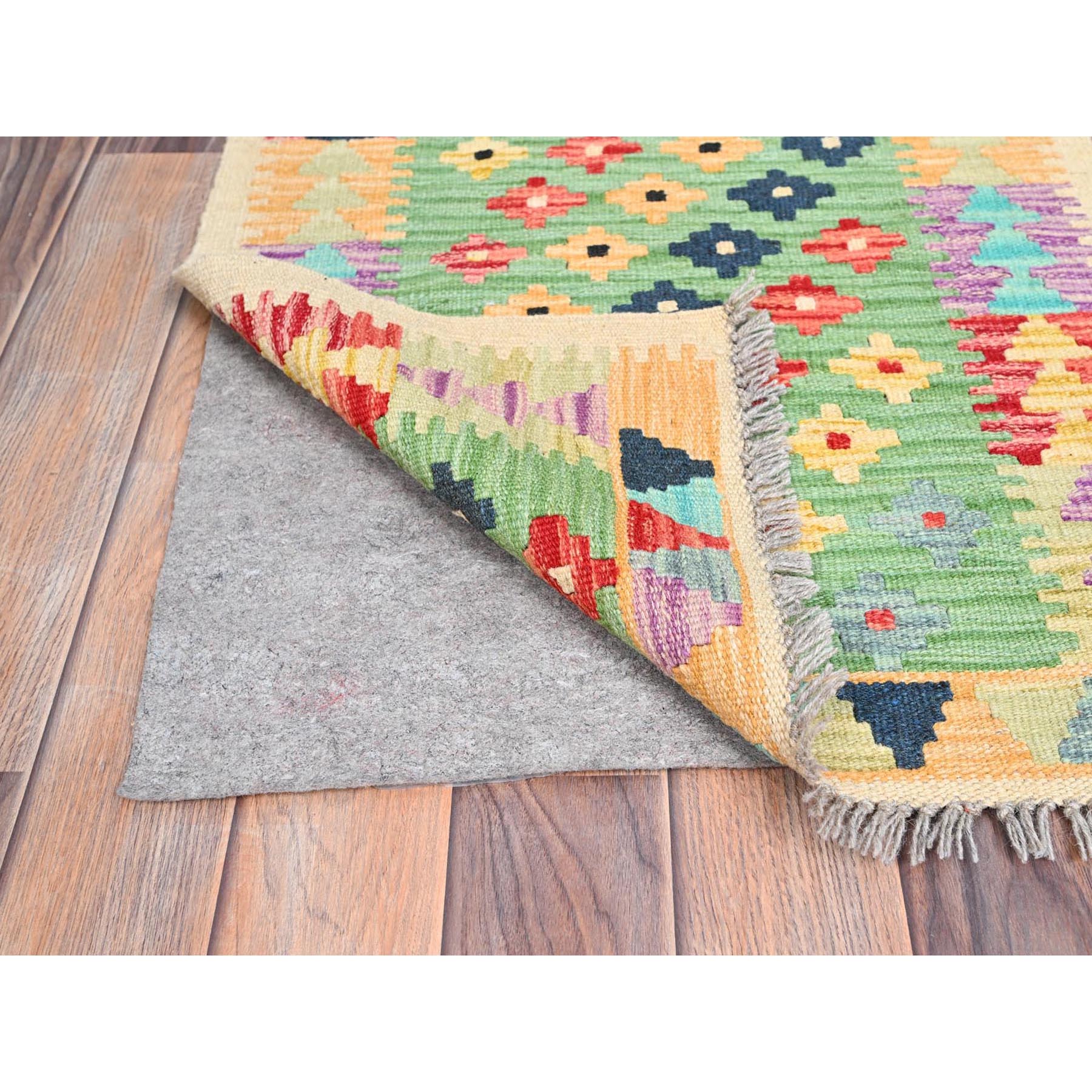 2'x3' Fern Green, Natural Dyes, Soft Wool, Reversible, Flat Weave, Afghan Kilim with Geometric Pattern, Hand Woven, Oriental Rug Sh85749