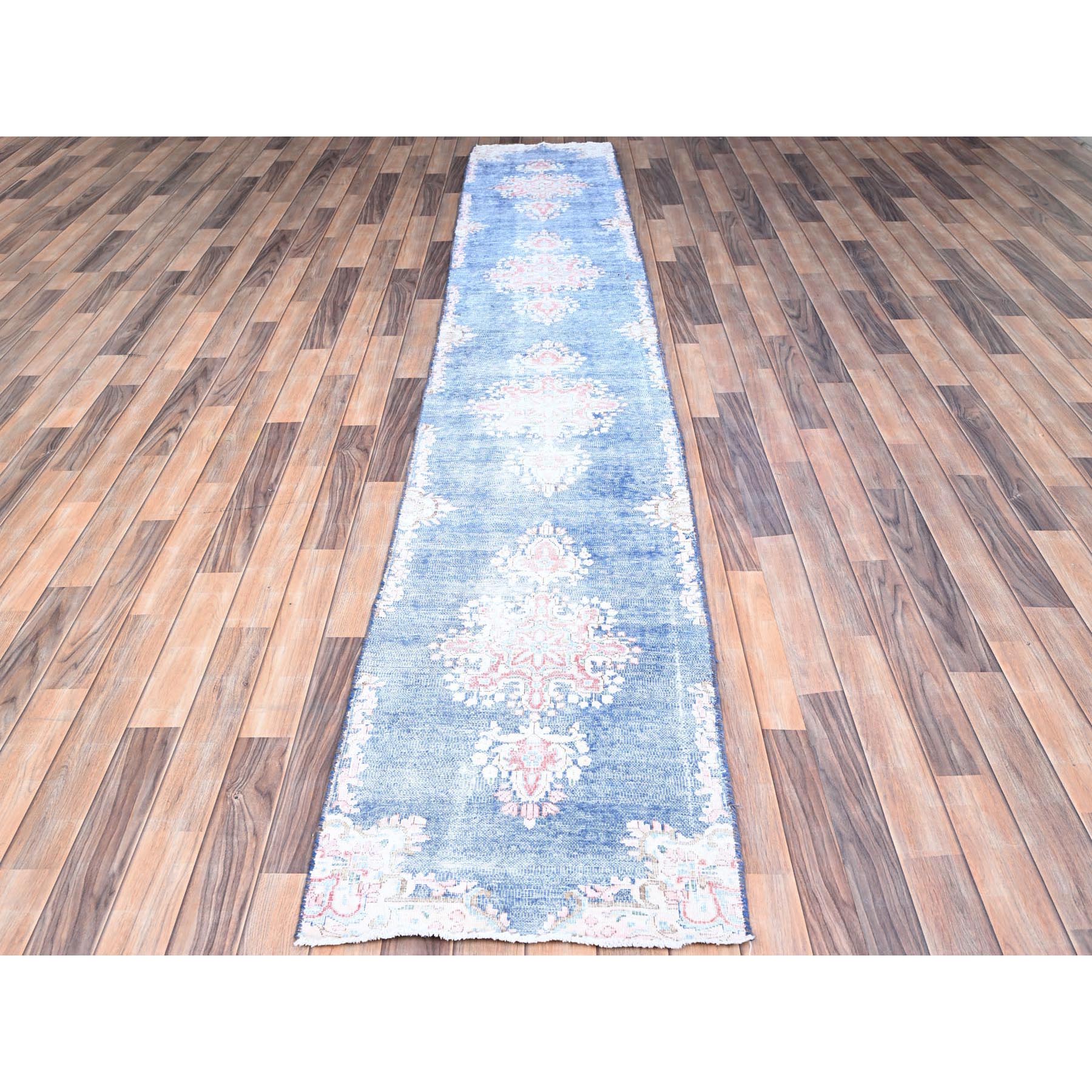 2'1"x12' Steel Blue, Hand Knotted, Vintage Persian Kerman, Erased Design, Worn Down, Pure Wool, Cleaned with Sides and Edges Professionally Secured, Runner Oriental Rug Sh85778