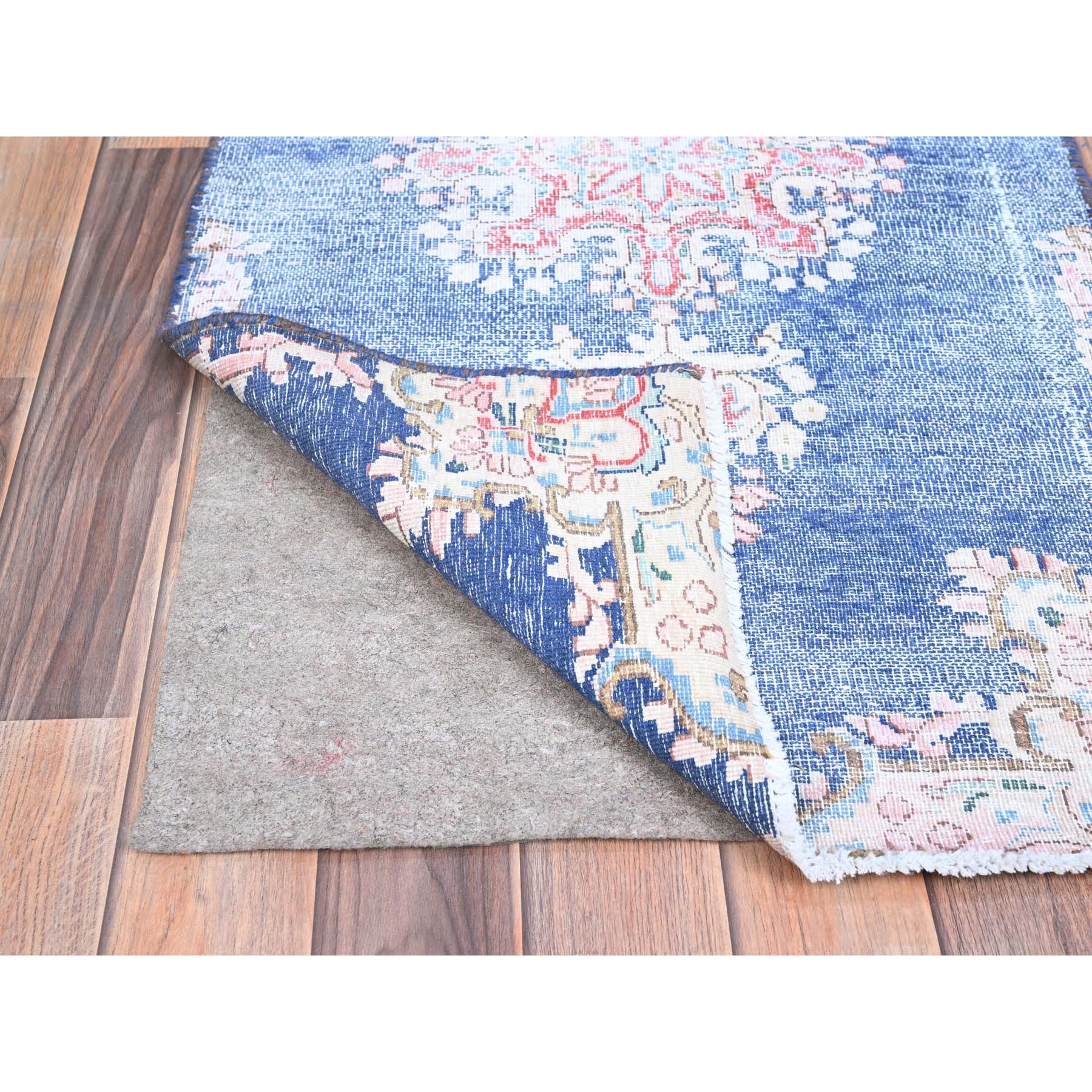 2'1"x12' Steel Blue, Hand Knotted, Vintage Persian Kerman, Erased Design, Worn Down, Pure Wool, Cleaned with Sides and Edges Professionally Secured, Runner Oriental Rug Sh85778