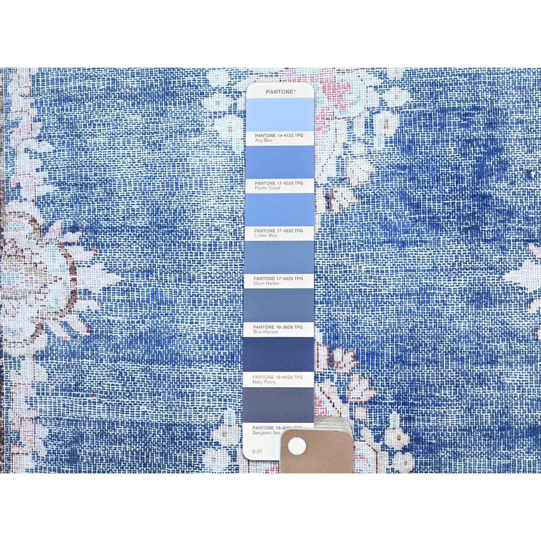 2'1"x12' Steel Blue, Hand Knotted, Vintage Persian Kerman, Erased Design, Worn Down, Pure Wool, Cleaned with Sides and Edges Professionally Secured, Runner Oriental Rug Sh85778