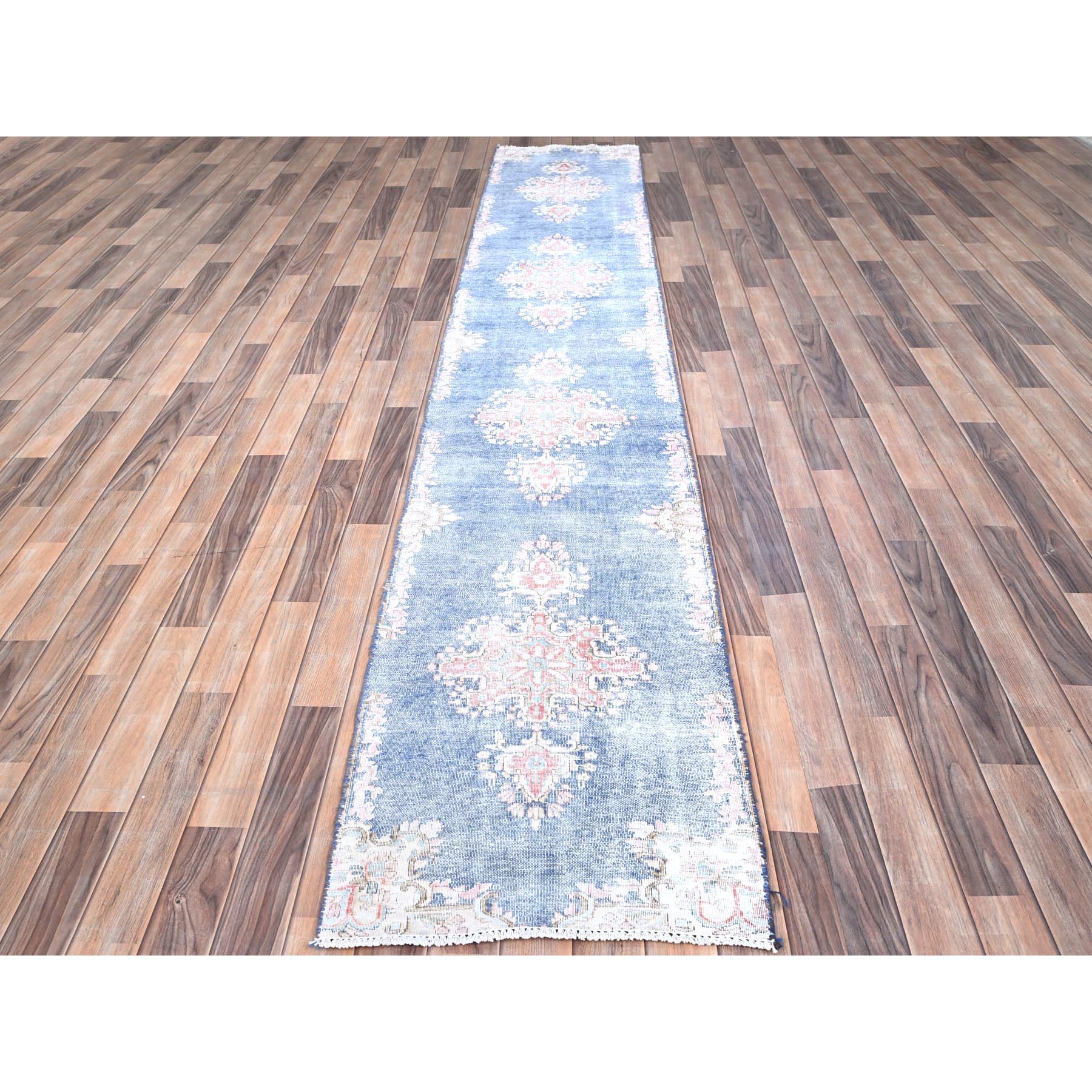 2'1"x11'9" Steel Blue, Pure Wool, Hand Knotted, Vintage Persian Kerman, Erased Design, Worn Down, Cleaned with Sides and Edges Professionally Secured, Runner Oriental Rug Sh85779