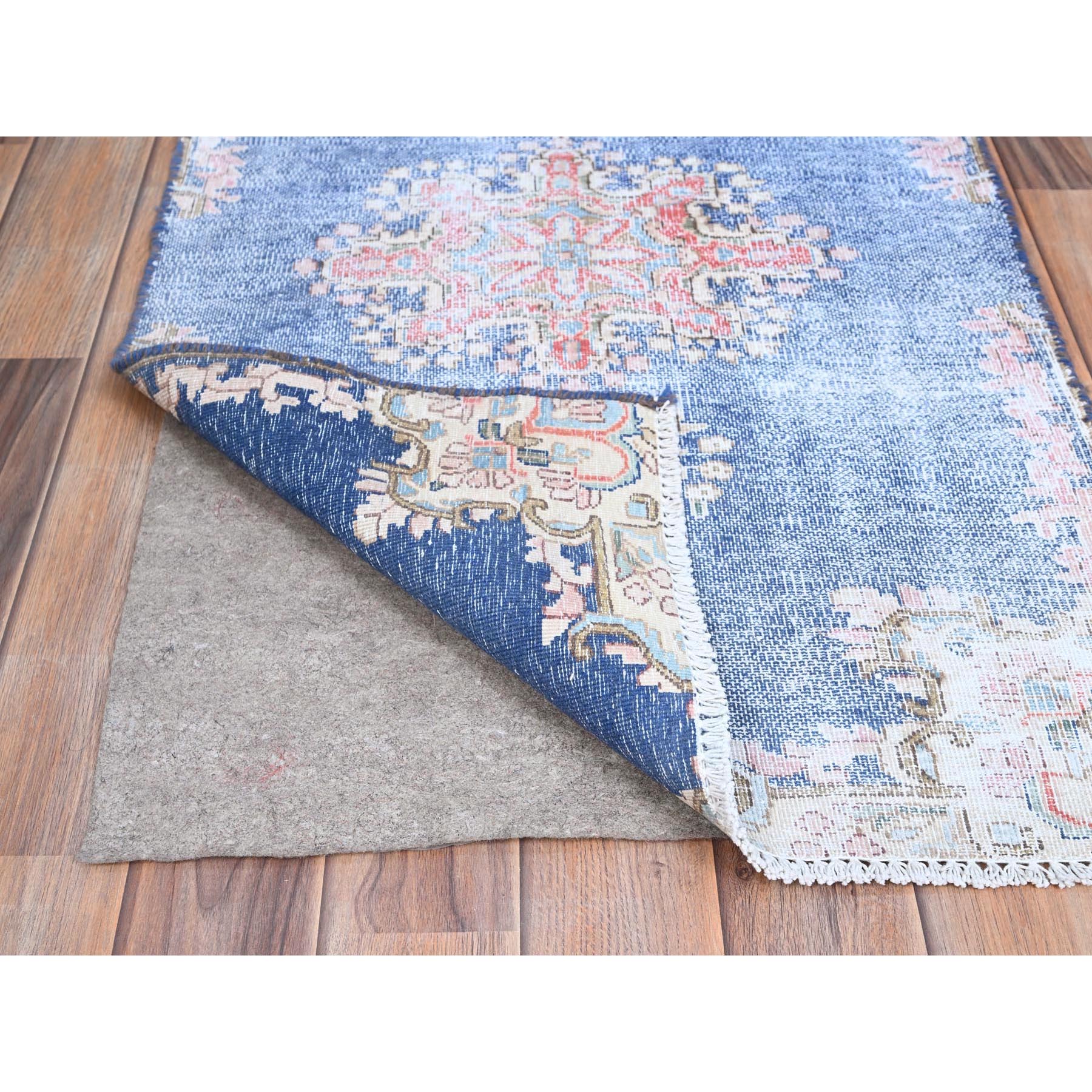 2'1"x11'9" Steel Blue, Pure Wool, Hand Knotted, Vintage Persian Kerman, Erased Design, Worn Down, Cleaned with Sides and Edges Professionally Secured, Runner Oriental Rug Sh85779