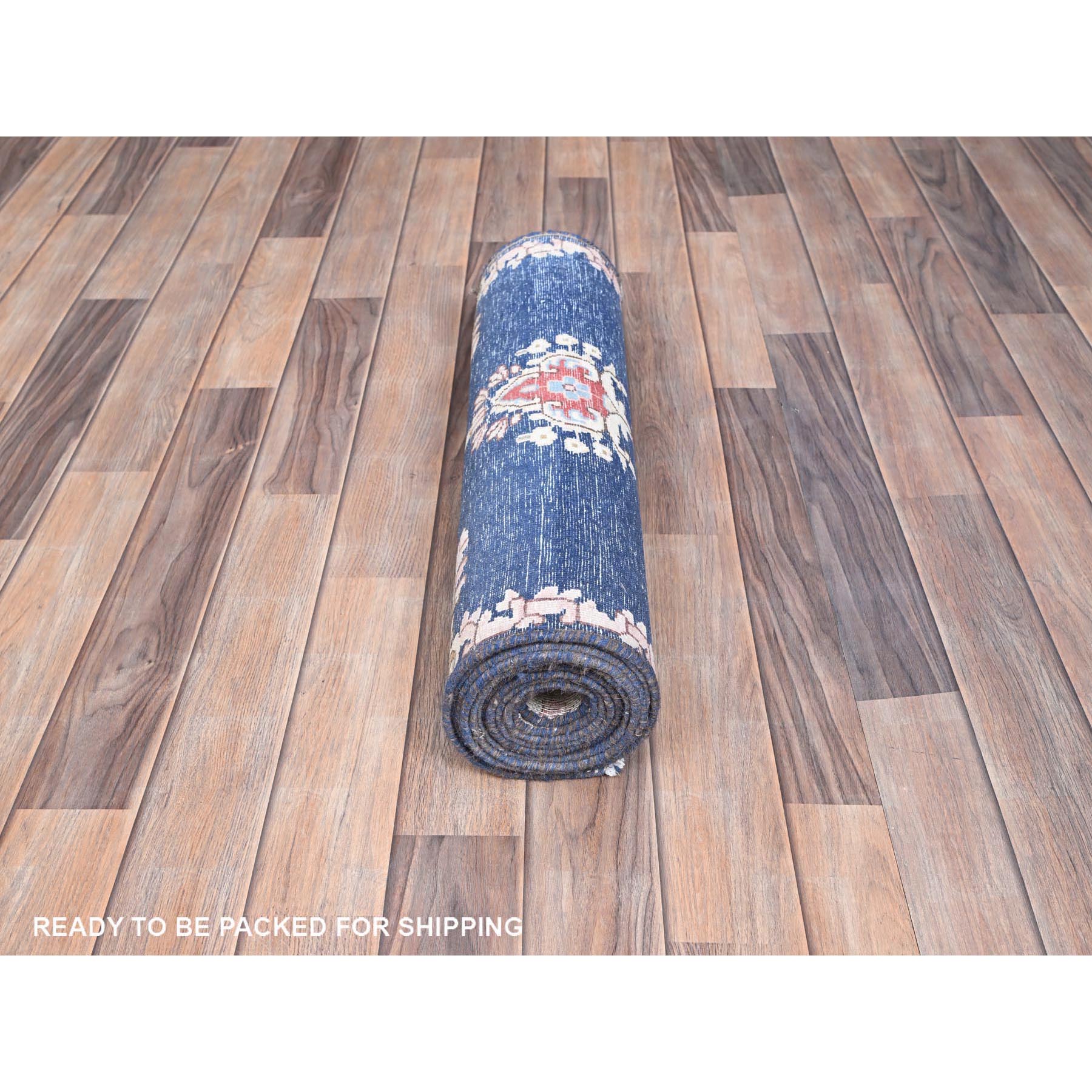 2'1"x11'9" Steel Blue, Pure Wool, Hand Knotted, Vintage Persian Kerman, Erased Design, Worn Down, Cleaned with Sides and Edges Professionally Secured, Runner Oriental Rug Sh85779