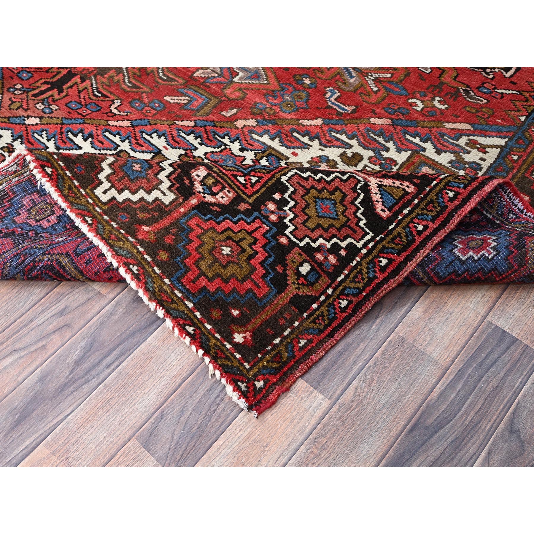 7'6"x10'7" Burnt Peanut Red With Ivory Color Corners, Good Condition, Sides and Ends Professionally Secured, Cleaned, Pure Wool, Vintage Persian Heriz, Geometric Center Medallion, Hand Knotted, Oriental Rug Sh85888