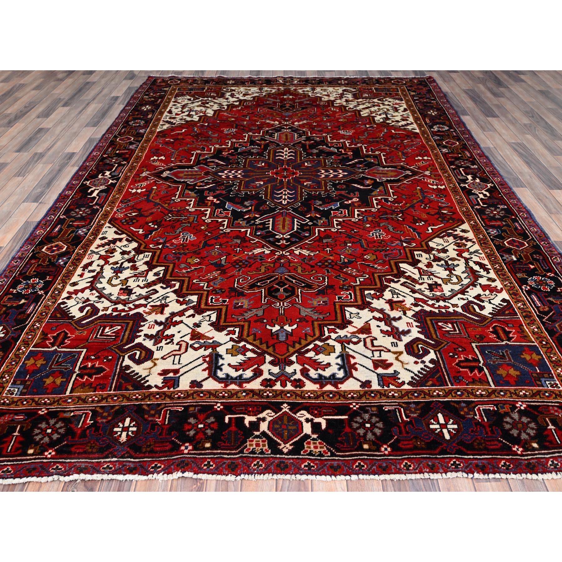 8'x11'3" Venetian Red, Good Condition, Hand Knotted Sides and Ends Professionally Secured, Cleaned, Semi Antique Evenly Worn Wool Persian Heriz with Tribal Ambience, Oriental Rug Sh85893