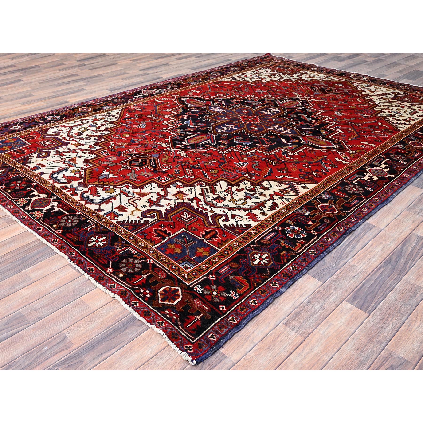 8'x11'3" Venetian Red, Good Condition, Hand Knotted Sides and Ends Professionally Secured, Cleaned, Semi Antique Evenly Worn Wool Persian Heriz with Tribal Ambience, Oriental Rug Sh85893