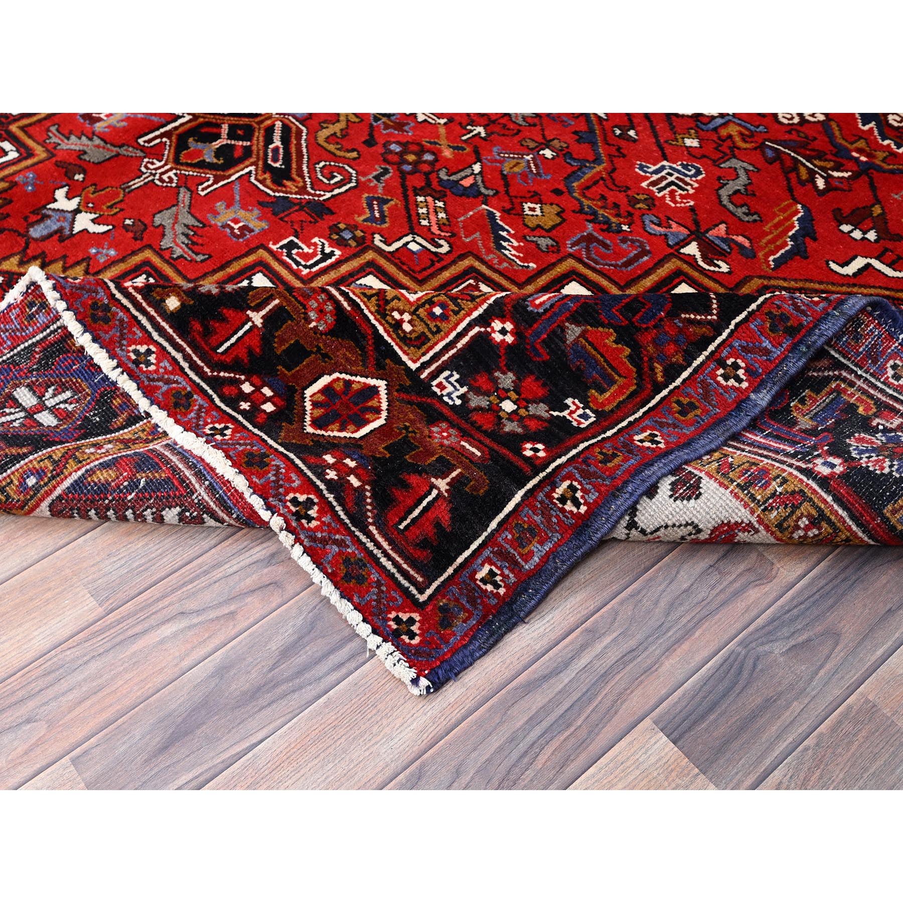 8'x11'3" Venetian Red, Good Condition, Hand Knotted Sides and Ends Professionally Secured, Cleaned, Semi Antique Evenly Worn Wool Persian Heriz with Tribal Ambience, Oriental Rug Sh85893