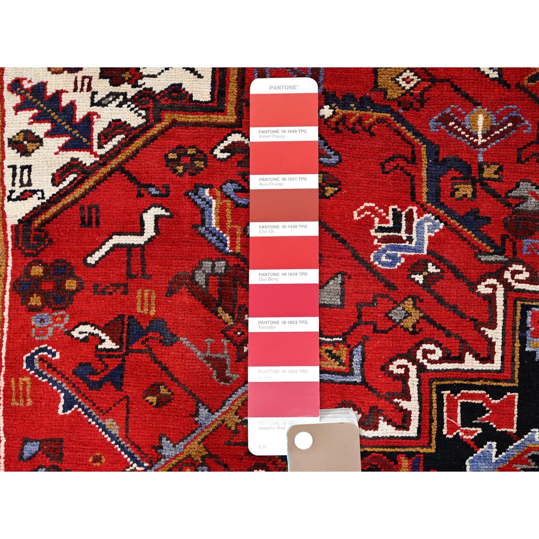 8'x11'3" Venetian Red, Good Condition, Hand Knotted Sides and Ends Professionally Secured, Cleaned, Semi Antique Evenly Worn Wool Persian Heriz with Tribal Ambience, Oriental Rug Sh85893