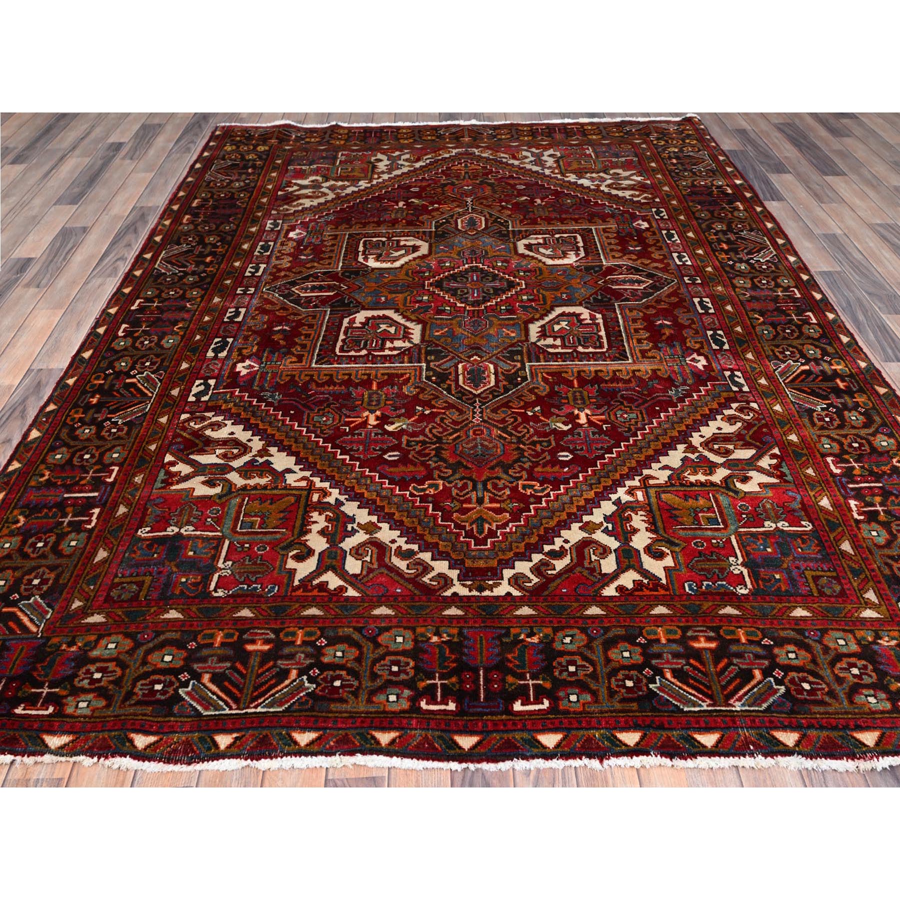 6'9"x9'4" Merlot Red, Rustic Look, Evenly Worn Wool, Hand Knotted, Semi Antique Persian Heriz with Geometric Pattern, Good Condition, Oriental Rug Sh85899