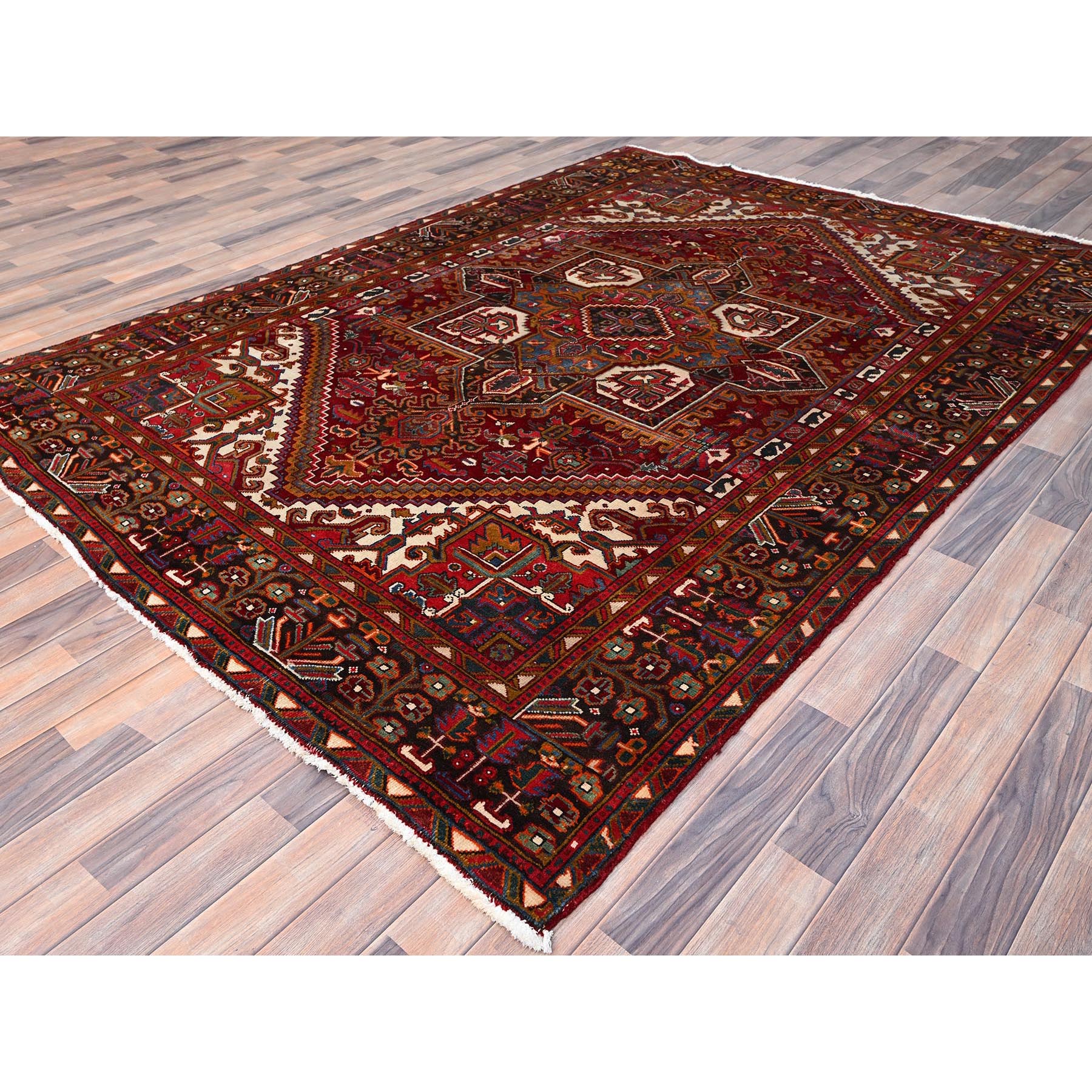 6'9"x9'4" Merlot Red, Rustic Look, Evenly Worn Wool, Hand Knotted, Semi Antique Persian Heriz with Geometric Pattern, Good Condition, Oriental Rug Sh85899