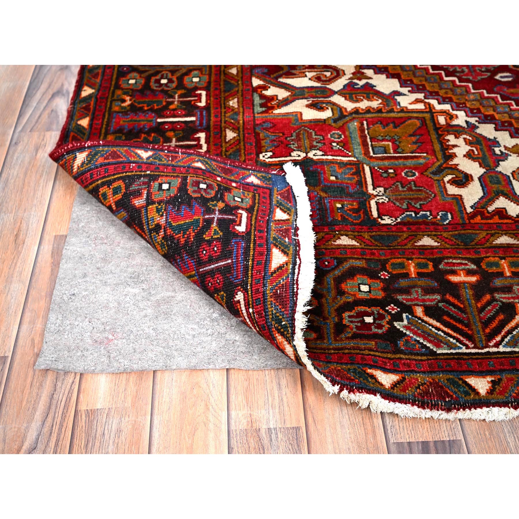 6'9"x9'4" Merlot Red, Rustic Look, Evenly Worn Wool, Hand Knotted, Semi Antique Persian Heriz with Geometric Pattern, Good Condition, Oriental Rug Sh85899