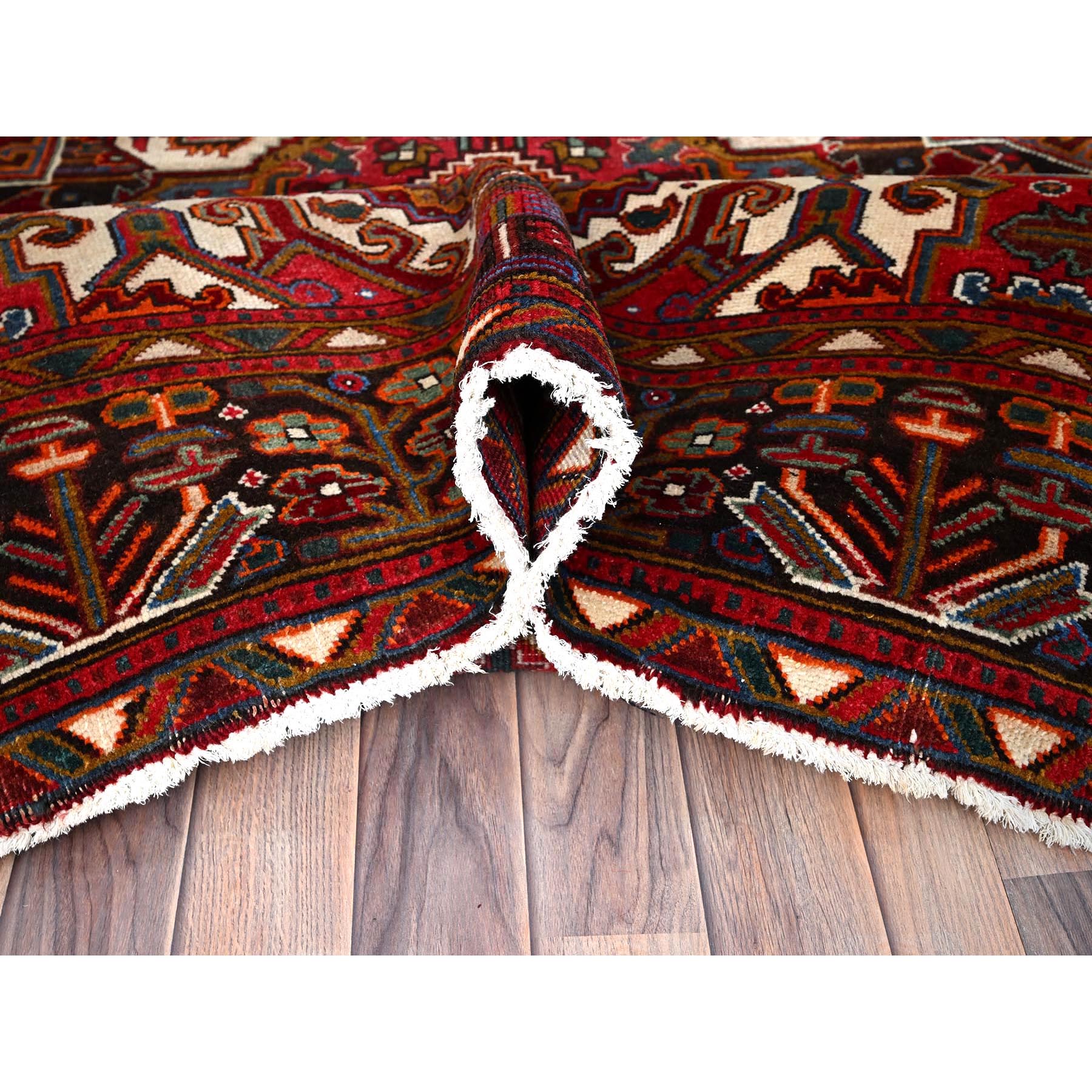 6'9"x9'4" Merlot Red, Rustic Look, Evenly Worn Wool, Hand Knotted, Semi Antique Persian Heriz with Geometric Pattern, Good Condition, Oriental Rug Sh85899