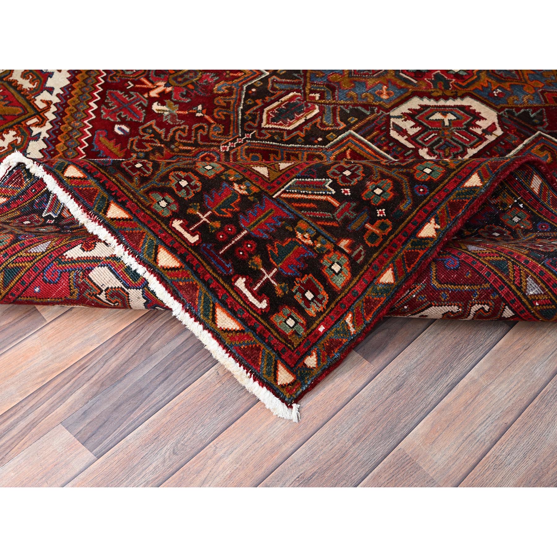 6'9"x9'4" Merlot Red, Rustic Look, Evenly Worn Wool, Hand Knotted, Semi Antique Persian Heriz with Geometric Pattern, Good Condition, Oriental Rug Sh85899