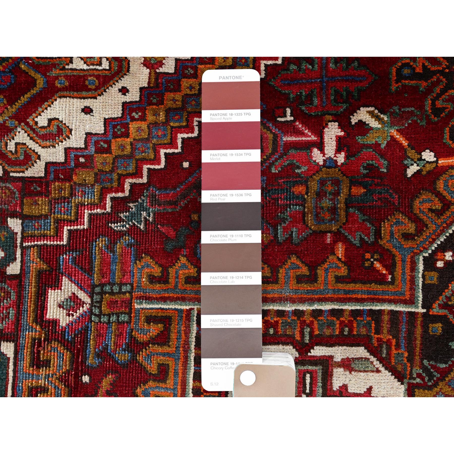 6'9"x9'4" Merlot Red, Rustic Look, Evenly Worn Wool, Hand Knotted, Semi Antique Persian Heriz with Geometric Pattern, Good Condition, Oriental Rug Sh85899