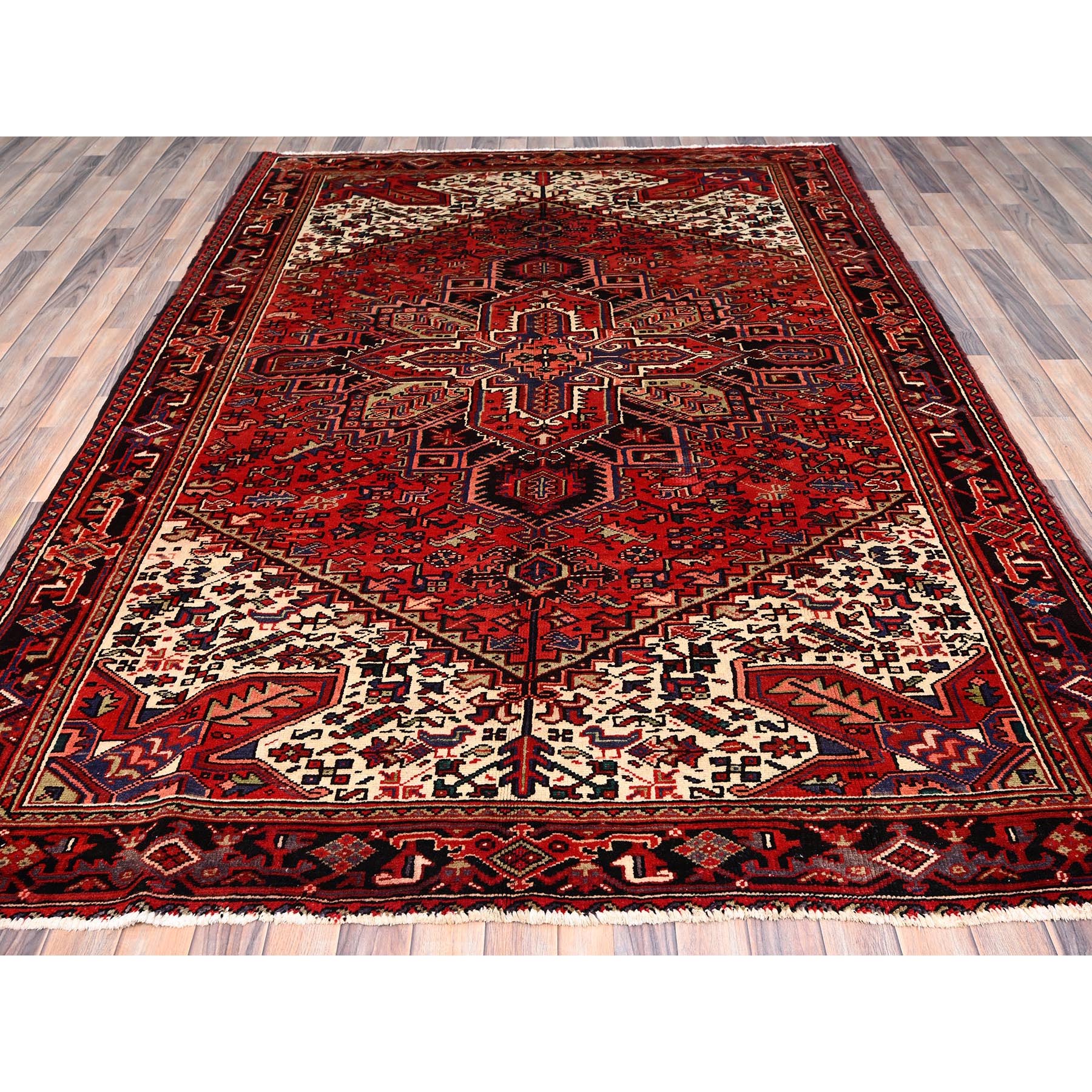 6'7"x9'3" Vivid Auburn Red, Hand Knotted Vintage Persian Evenly Worn Pure Wool Heriz, Good Condition, Sides and Ends Professionally Secured, Cleaned, Oriental Rug Sh85903