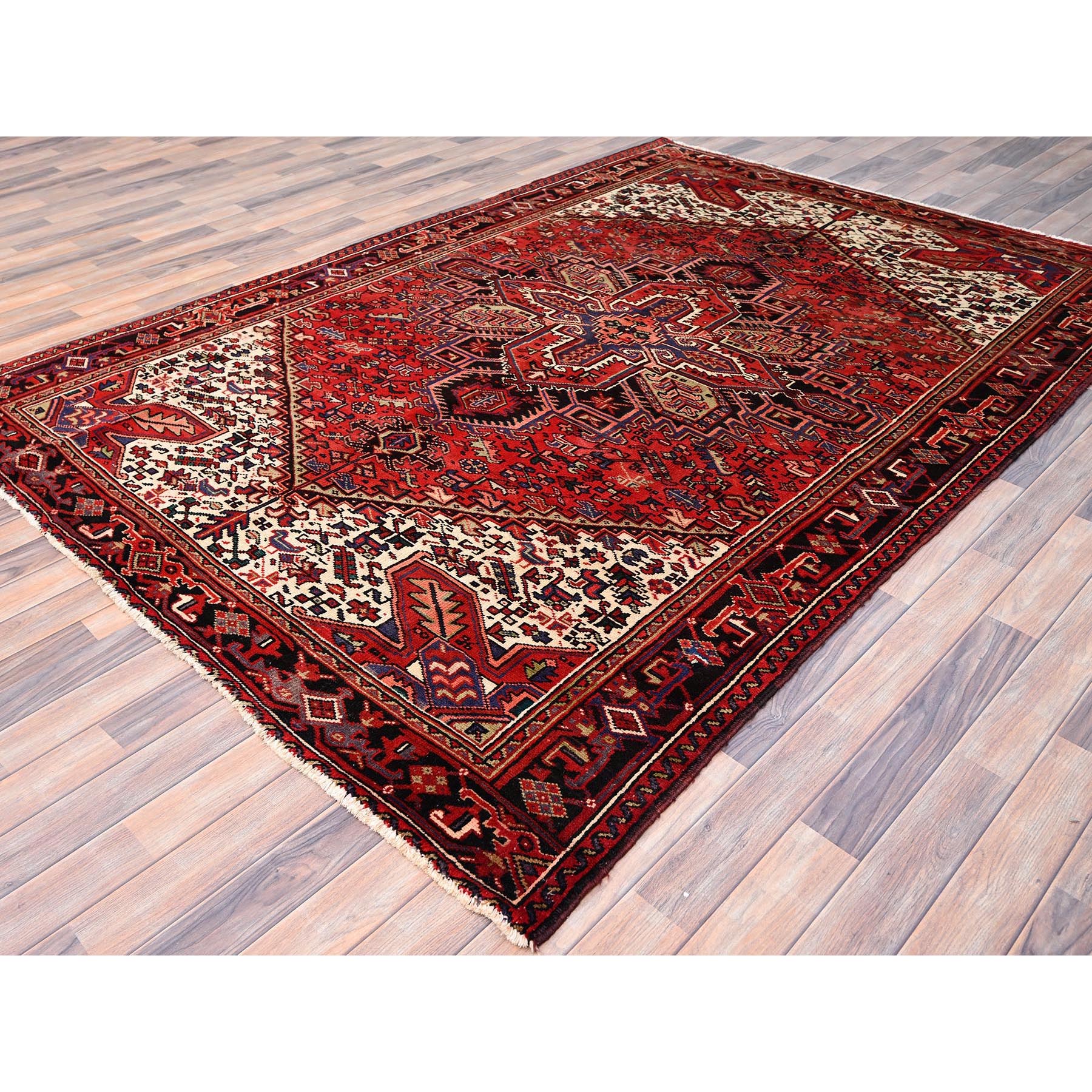 6'7"x9'3" Vivid Auburn Red, Hand Knotted Vintage Persian Evenly Worn Pure Wool Heriz, Good Condition, Sides and Ends Professionally Secured, Cleaned, Oriental Rug Sh85903