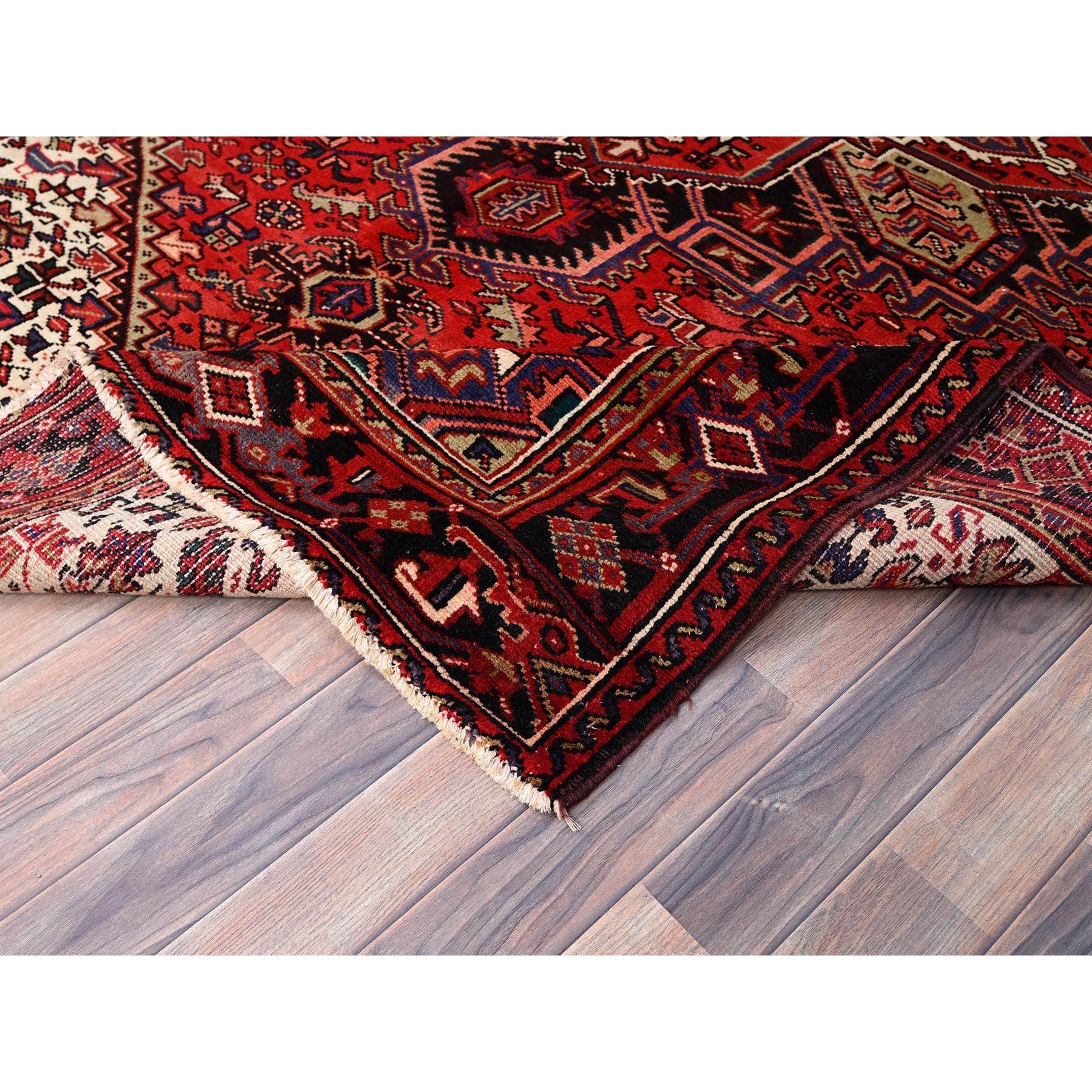 6'7"x9'3" Vivid Auburn Red, Hand Knotted Vintage Persian Evenly Worn Pure Wool Heriz, Good Condition, Sides and Ends Professionally Secured, Cleaned, Oriental Rug Sh85903