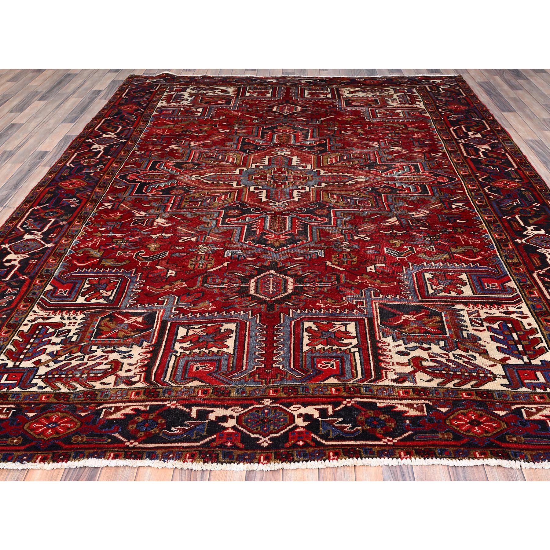 8'4"x10'3" Vermilion Red, Hand Knotted Semi Antique Persian All Wool Heriz, Good Condition, Sides and Ends Secured and Professionally Cleaned, Oriental Rug Sh85905