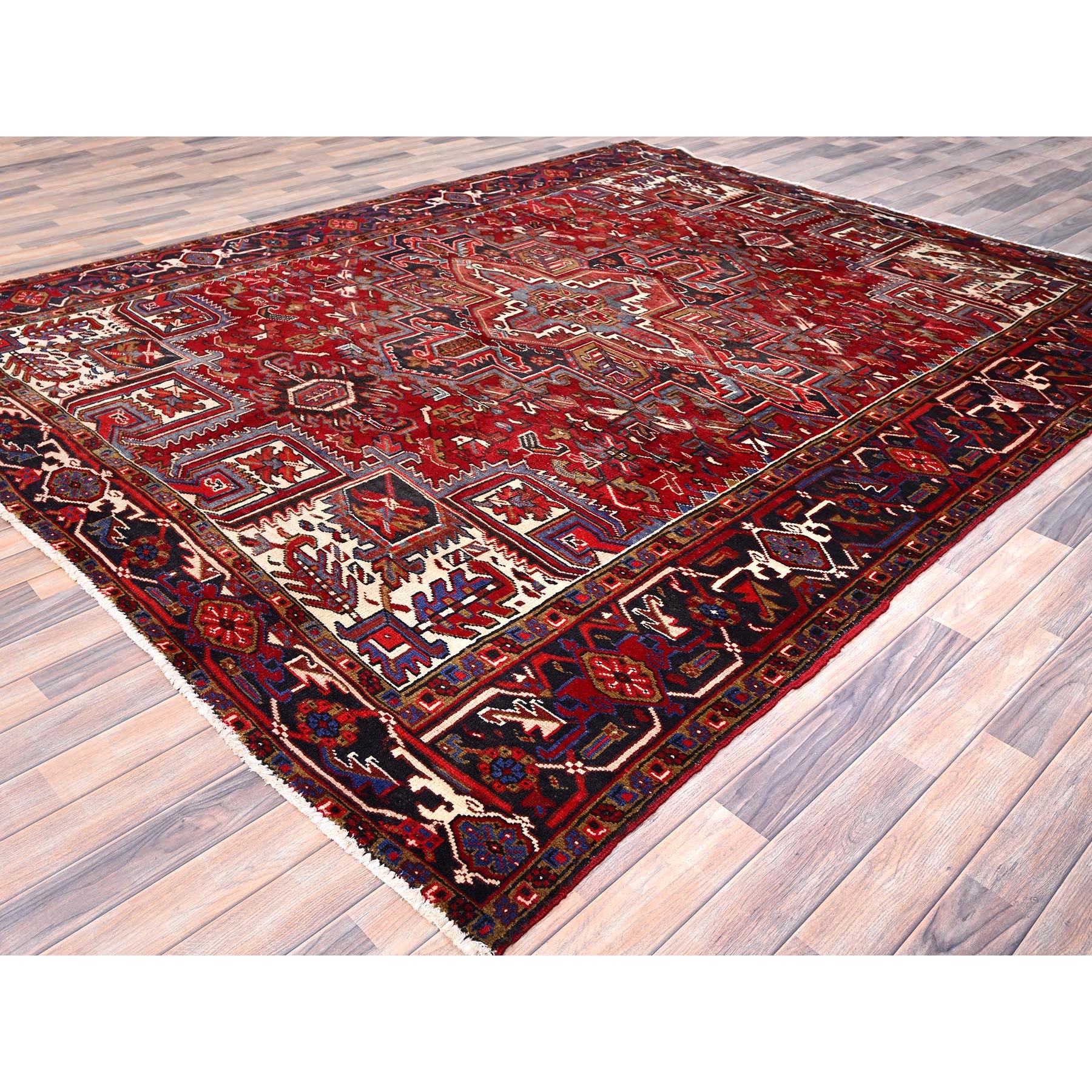8'4"x10'3" Vermilion Red, Hand Knotted Semi Antique Persian All Wool Heriz, Good Condition, Sides and Ends Secured and Professionally Cleaned, Oriental Rug Sh85905