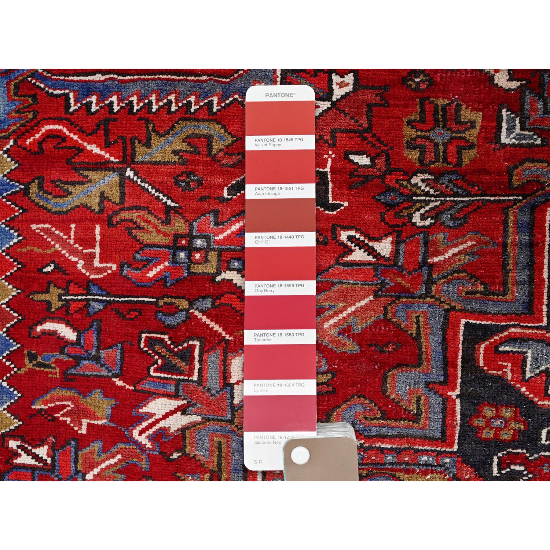 8'4"x10'3" Vermilion Red, Hand Knotted Semi Antique Persian All Wool Heriz, Good Condition, Sides and Ends Secured and Professionally Cleaned, Oriental Rug Sh85905