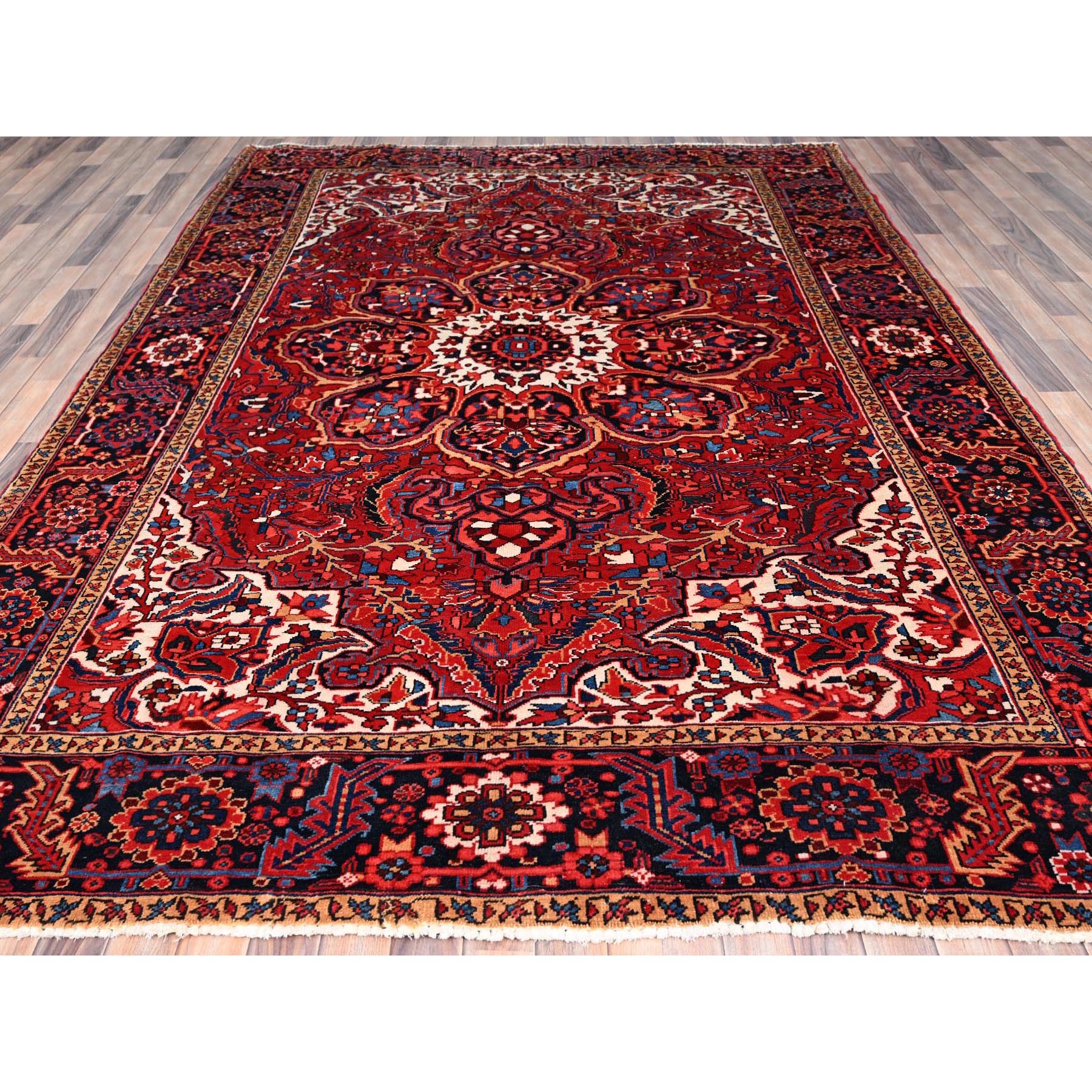 7'10"x10'8" Alabama Crimson Red and Daisy White Corners, Evenly Worn, Natural Wool, Hand Knotted Persian Semi Antique Good Condition Heriz, Oriental Rug Sh85909