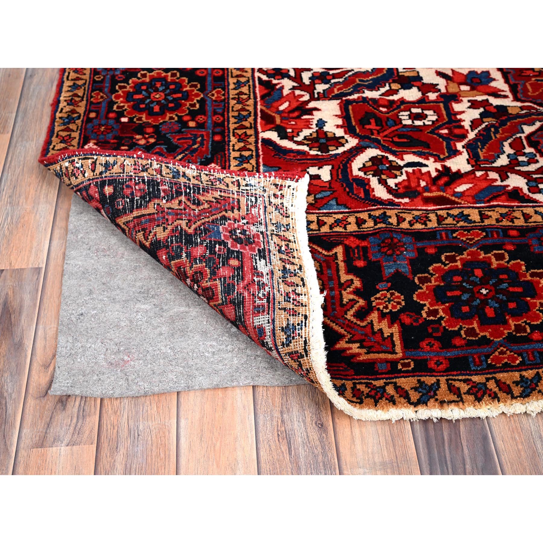 7'10"x10'8" Alabama Crimson Red and Daisy White Corners, Evenly Worn, Natural Wool, Hand Knotted Persian Semi Antique Good Condition Heriz, Oriental Rug Sh85909
