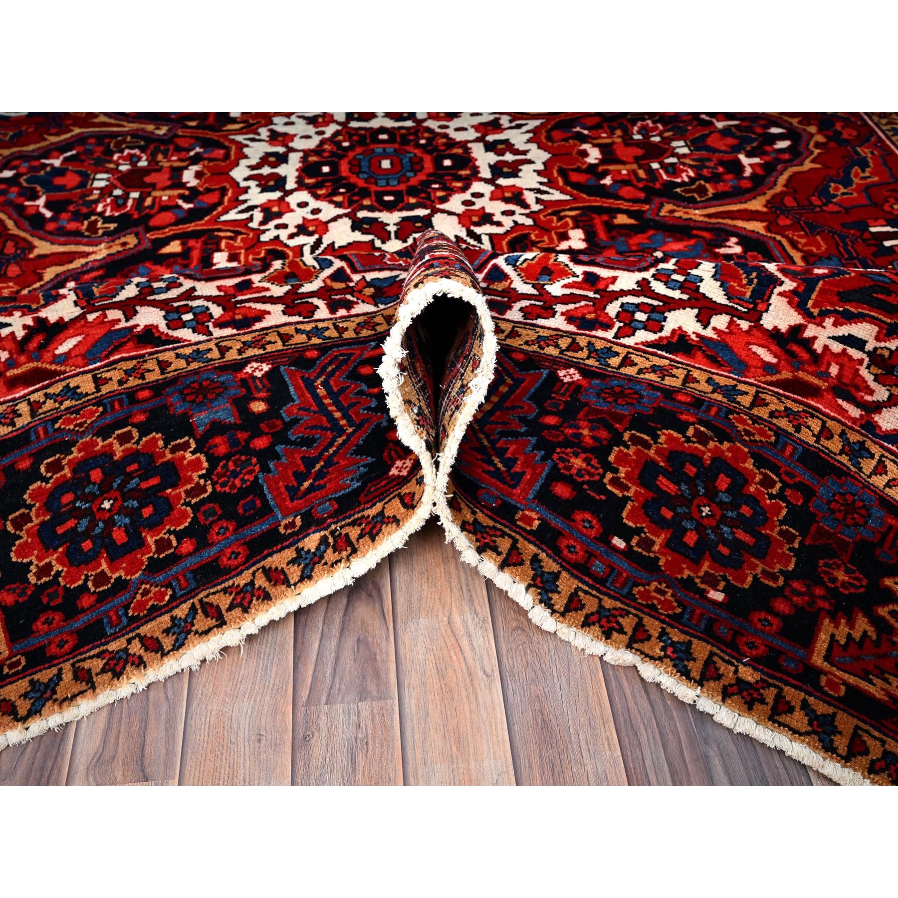 7'10"x10'8" Alabama Crimson Red and Daisy White Corners, Evenly Worn, Natural Wool, Hand Knotted Persian Semi Antique Good Condition Heriz, Oriental Rug Sh85909