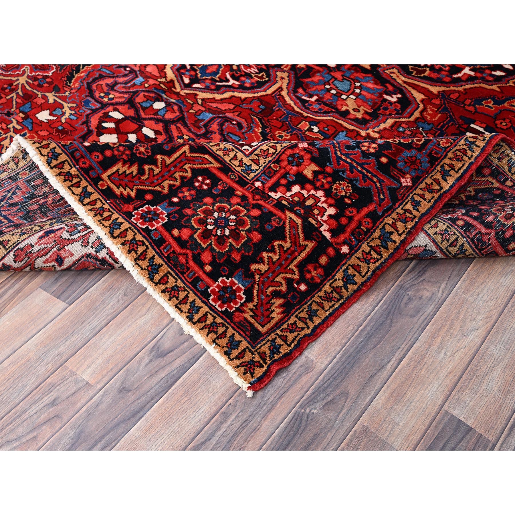 7'10"x10'8" Alabama Crimson Red and Daisy White Corners, Evenly Worn, Natural Wool, Hand Knotted Persian Semi Antique Good Condition Heriz, Oriental Rug Sh85909