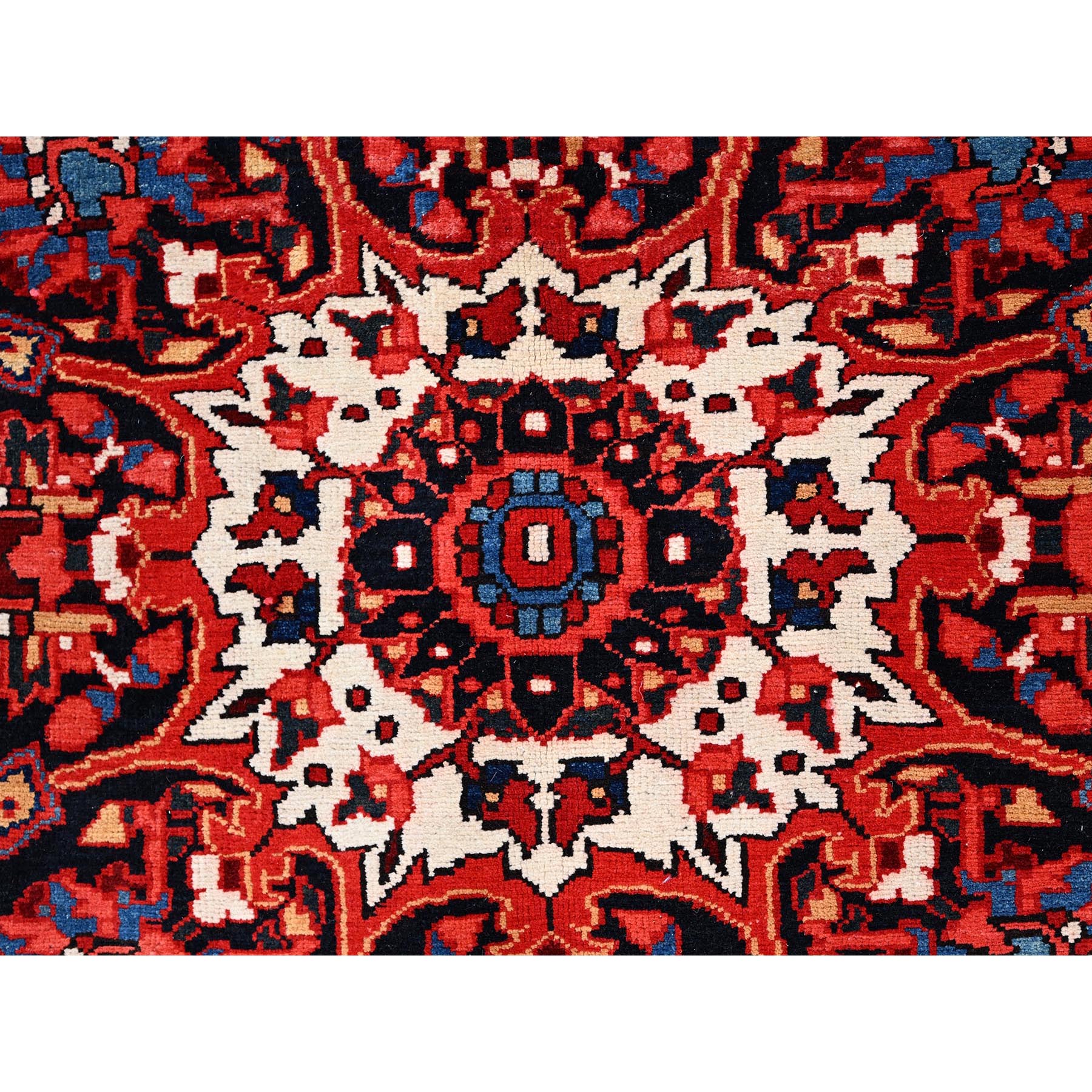 7'10"x10'8" Alabama Crimson Red and Daisy White Corners, Evenly Worn, Natural Wool, Hand Knotted Persian Semi Antique Good Condition Heriz, Oriental Rug Sh85909