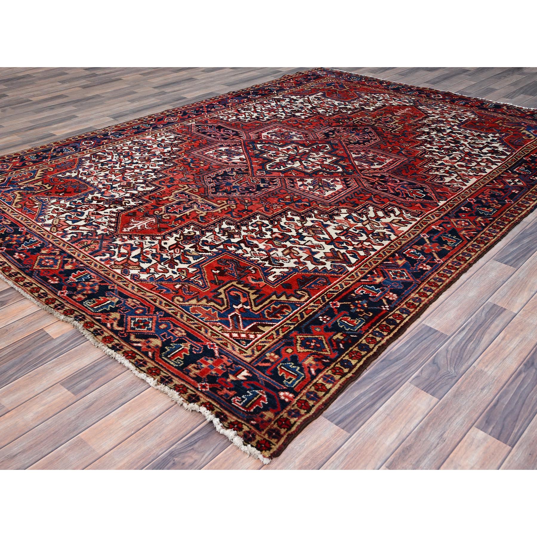 7'4"x10'2" Coquelicot Red, Hand Knotted Rustic Feel Evenly Worn Wool, Good condition, Clean, Abrash, Sides and Ends Professionally Secured, Shaved Down Vintage and Semi Antique Oriental Persian Heriz With Village Motifs Rug Sh85914