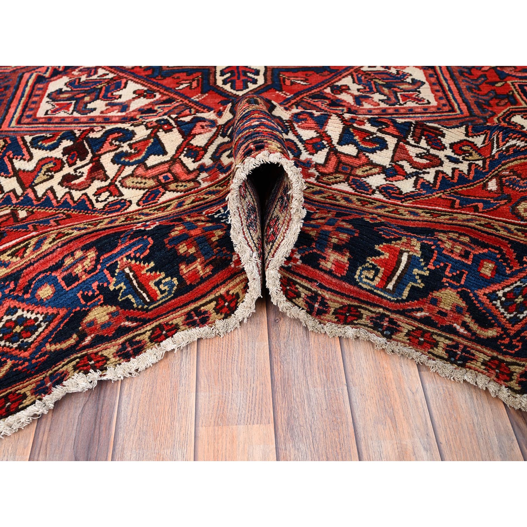 7'4"x10'2" Coquelicot Red, Hand Knotted Rustic Feel Evenly Worn Wool, Good condition, Clean, Abrash, Sides and Ends Professionally Secured, Shaved Down Vintage and Semi Antique Oriental Persian Heriz With Village Motifs Rug Sh85914