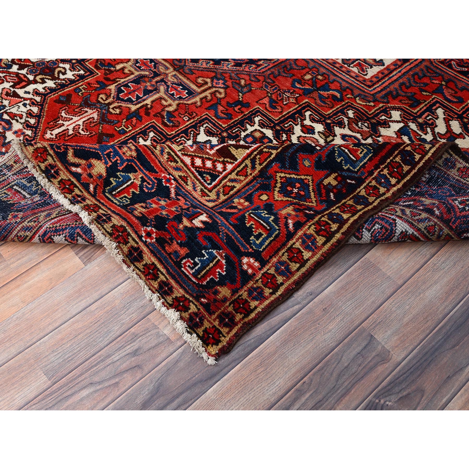 7'4"x10'2" Coquelicot Red, Hand Knotted Rustic Feel Evenly Worn Wool, Good condition, Clean, Abrash, Sides and Ends Professionally Secured, Shaved Down Vintage and Semi Antique Oriental Persian Heriz With Village Motifs Rug Sh85914