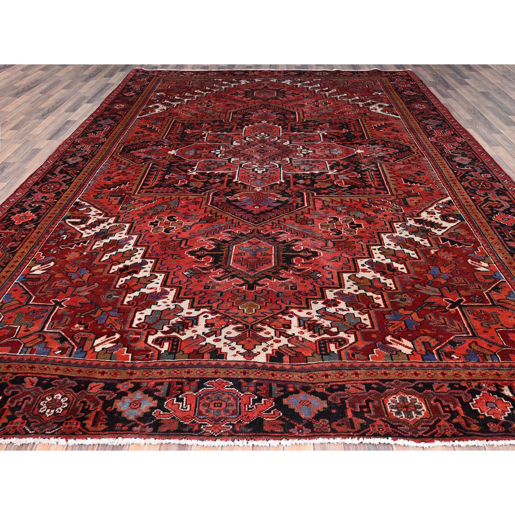 10'1"x12'10" Electric Crimson Red and Vintage Semi Antique Persian Heriz Abrash, Hand Knotted, Good Condition, Areas of Evenly Worn Wool, Sides and Ends Professionally Secured, Cleaned, Oriental Rug Sh85915