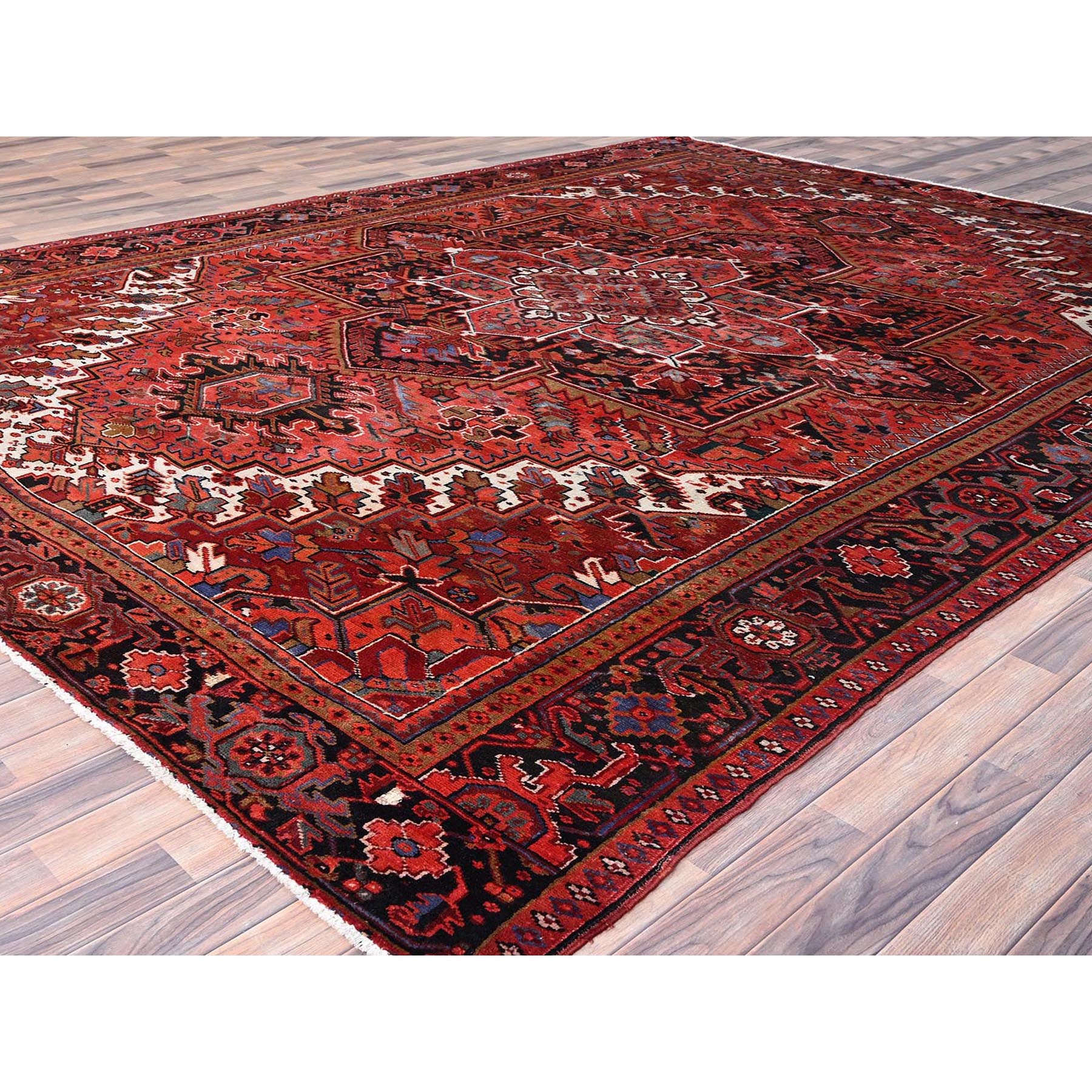10'1"x12'10" Electric Crimson Red and Vintage Semi Antique Persian Heriz Abrash, Hand Knotted, Good Condition, Areas of Evenly Worn Wool, Sides and Ends Professionally Secured, Cleaned, Oriental Rug Sh85915