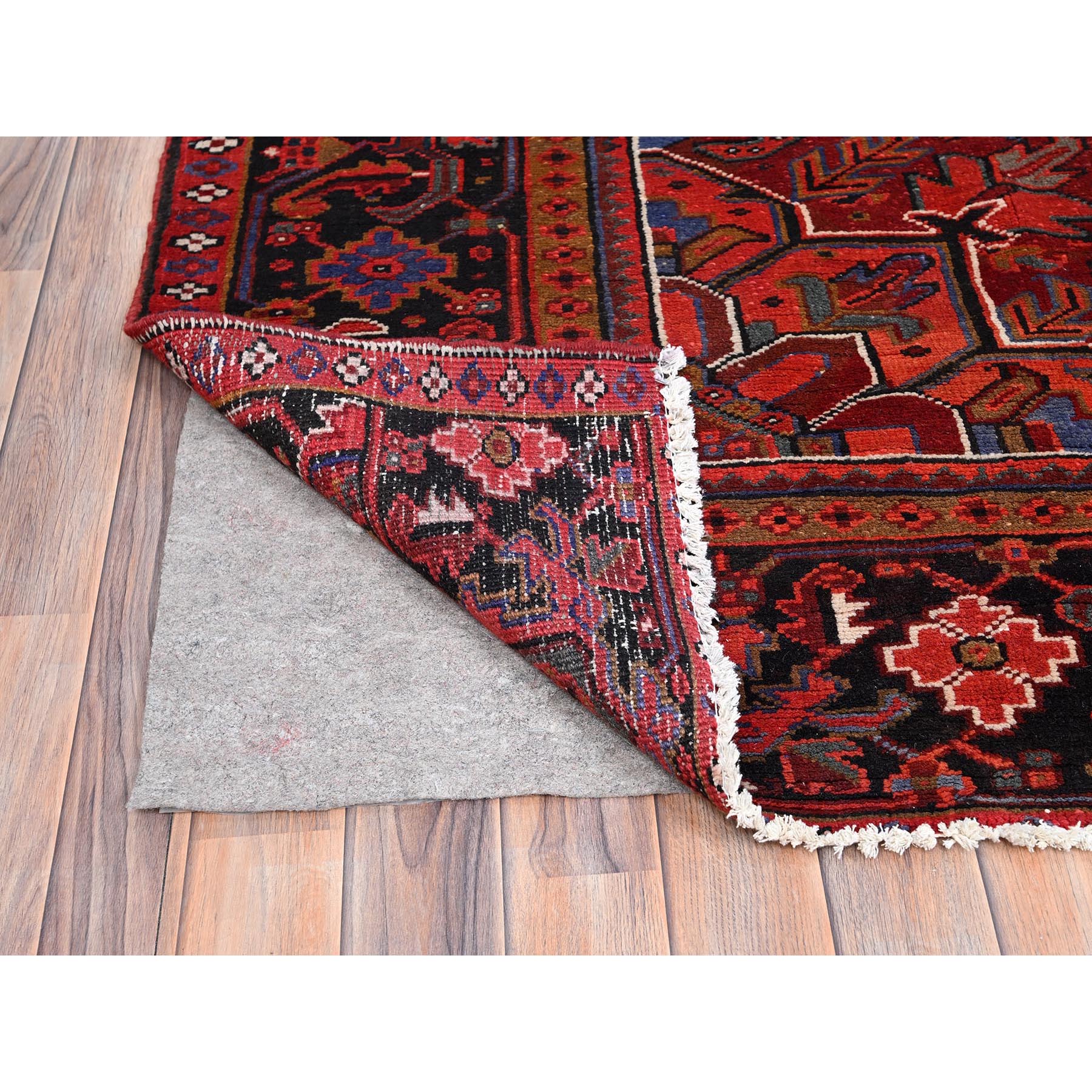 10'1"x12'10" Electric Crimson Red and Vintage Semi Antique Persian Heriz Abrash, Hand Knotted, Good Condition, Areas of Evenly Worn Wool, Sides and Ends Professionally Secured, Cleaned, Oriental Rug Sh85915
