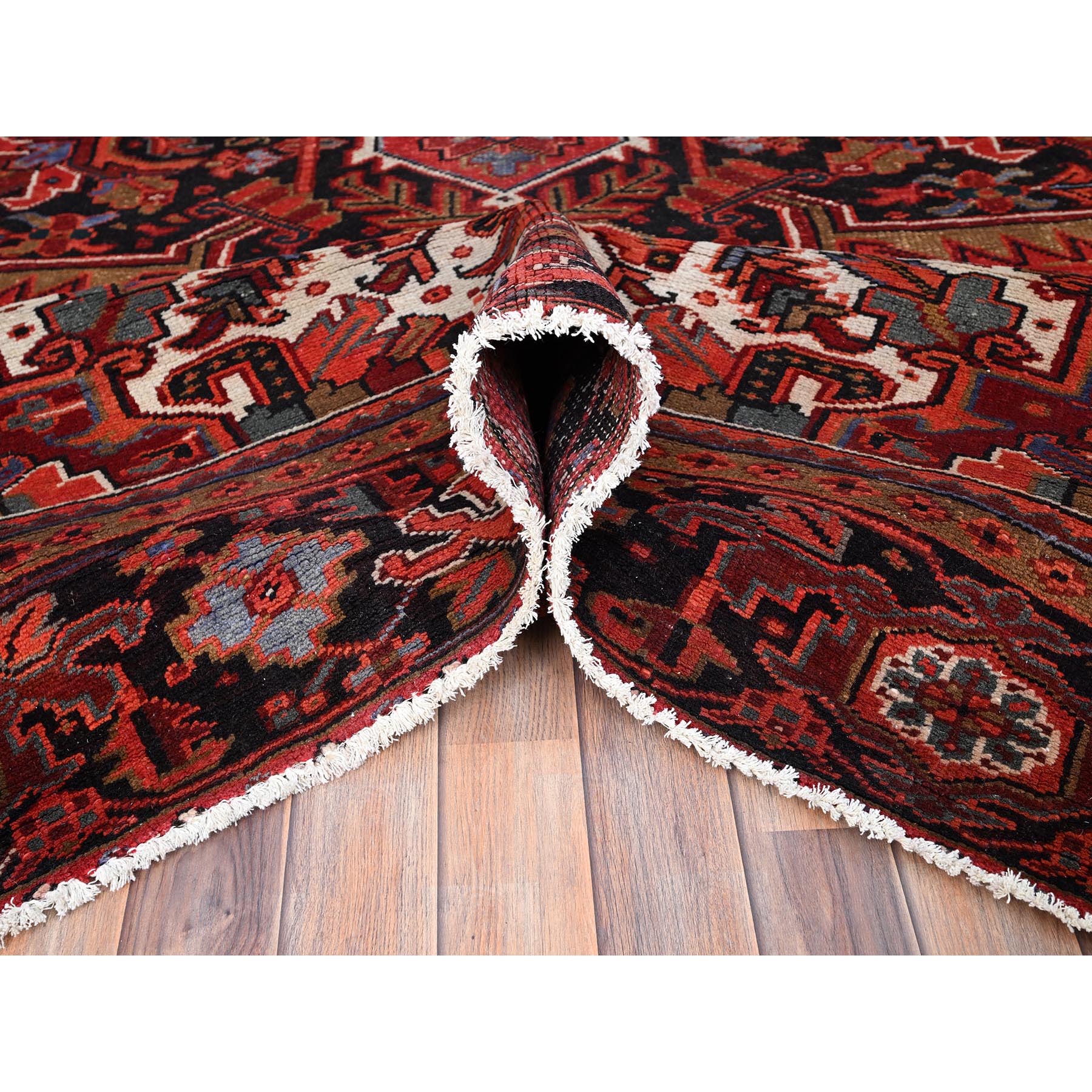 10'1"x12'10" Electric Crimson Red and Vintage Semi Antique Persian Heriz Abrash, Hand Knotted, Good Condition, Areas of Evenly Worn Wool, Sides and Ends Professionally Secured, Cleaned, Oriental Rug Sh85915