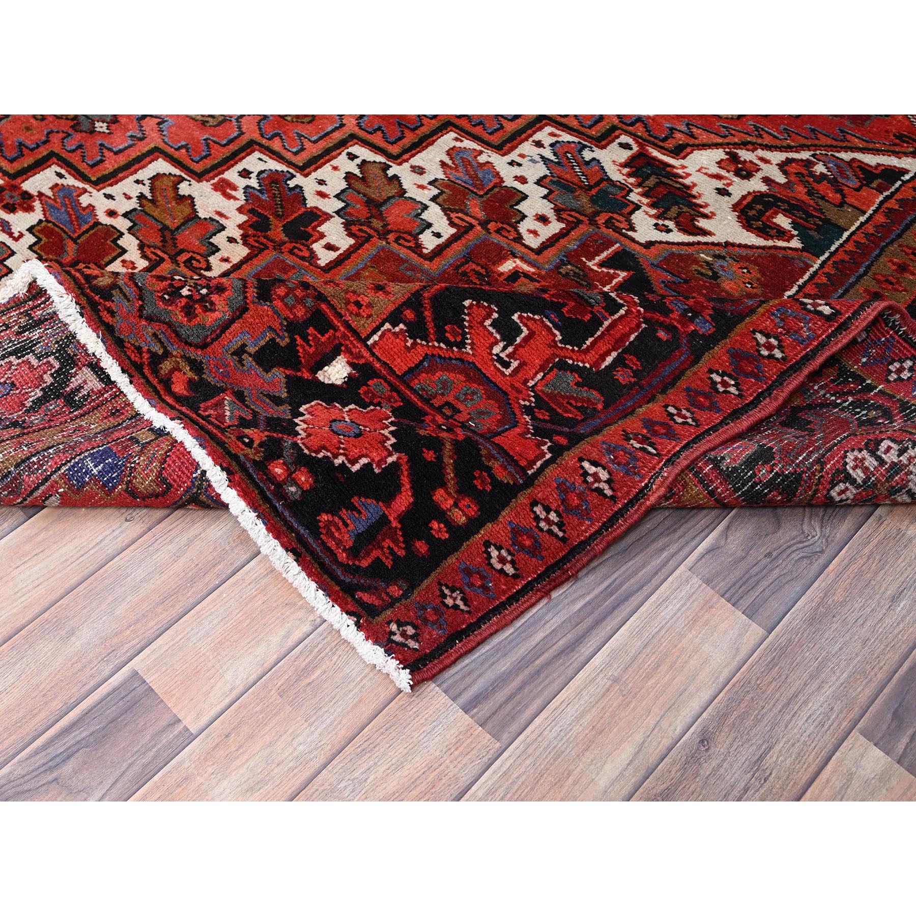 10'1"x12'10" Electric Crimson Red and Vintage Semi Antique Persian Heriz Abrash, Hand Knotted, Good Condition, Areas of Evenly Worn Wool, Sides and Ends Professionally Secured, Cleaned, Oriental Rug Sh85915