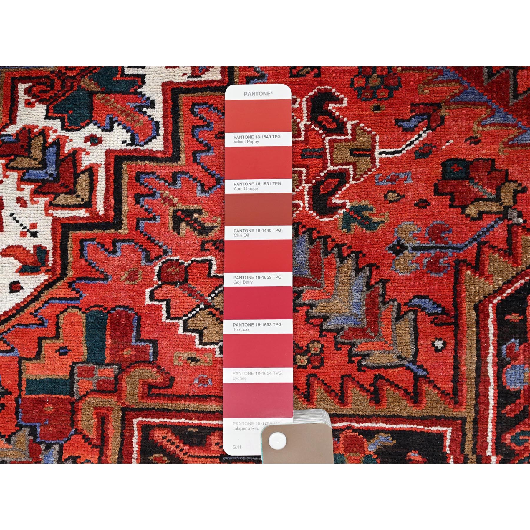 10'1"x12'10" Electric Crimson Red and Vintage Semi Antique Persian Heriz Abrash, Hand Knotted, Good Condition, Areas of Evenly Worn Wool, Sides and Ends Professionally Secured, Cleaned, Oriental Rug Sh85915