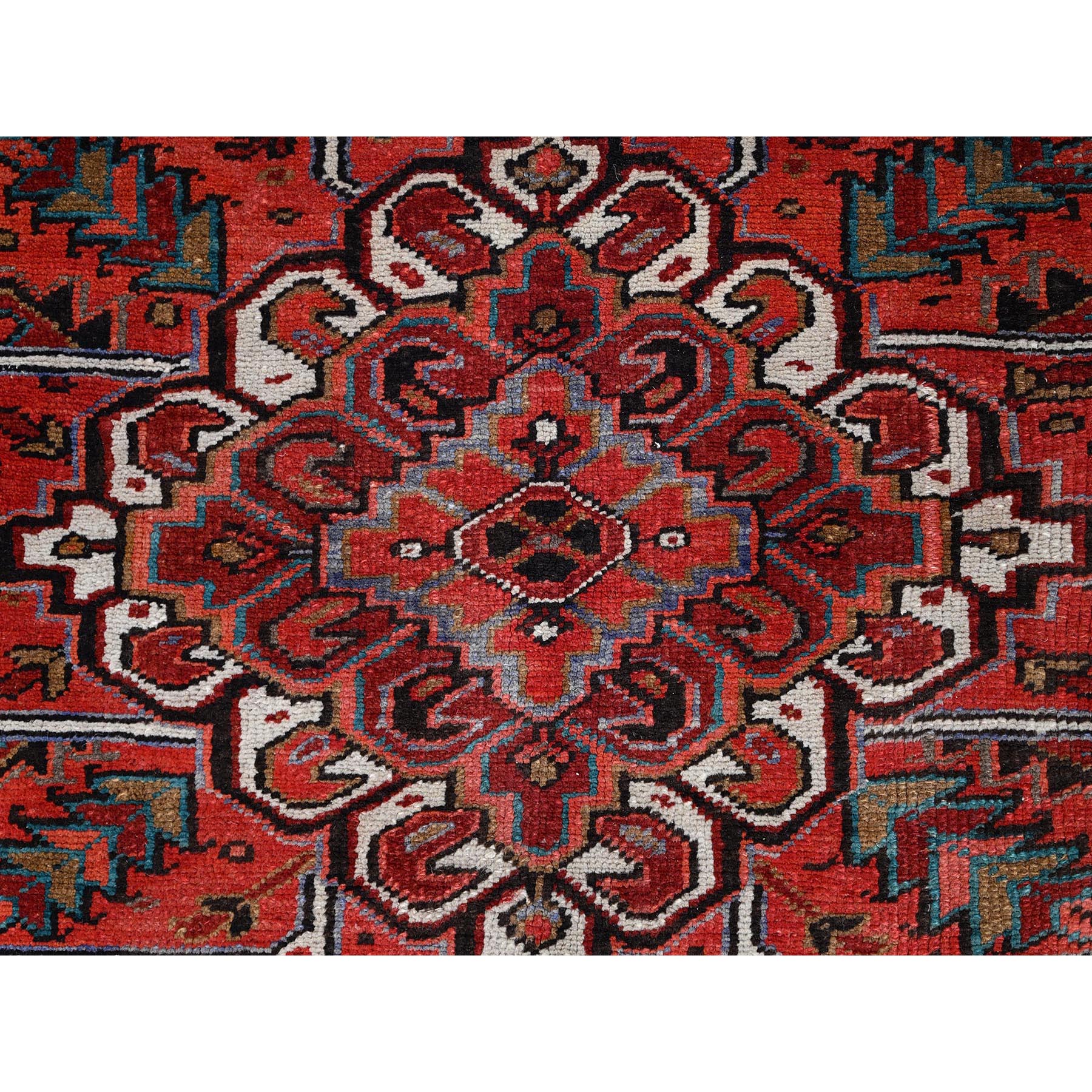 10'1"x12'10" Electric Crimson Red and Vintage Semi Antique Persian Heriz Abrash, Hand Knotted, Good Condition, Areas of Evenly Worn Wool, Sides and Ends Professionally Secured, Cleaned, Oriental Rug Sh85915