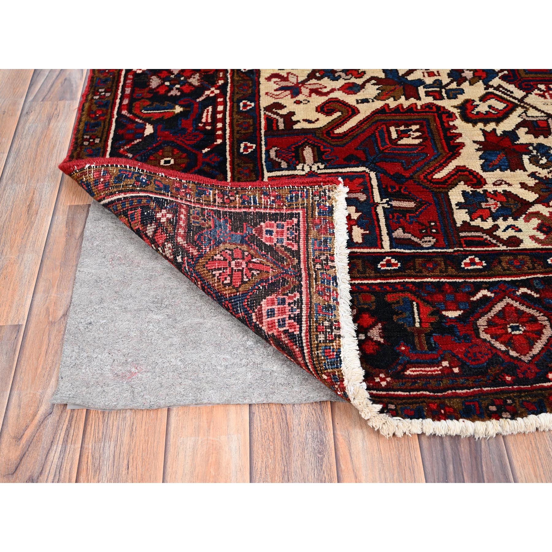 7'2"x9'6" Falcons Red, Ivory Color Corners, Good Condition, Sides and Ends Professionally Secured, Cleaned, Soft Wool, Vintage and Evenly Worn Persian Heriz, Hand Knotted, Oriental Rug Sh85916