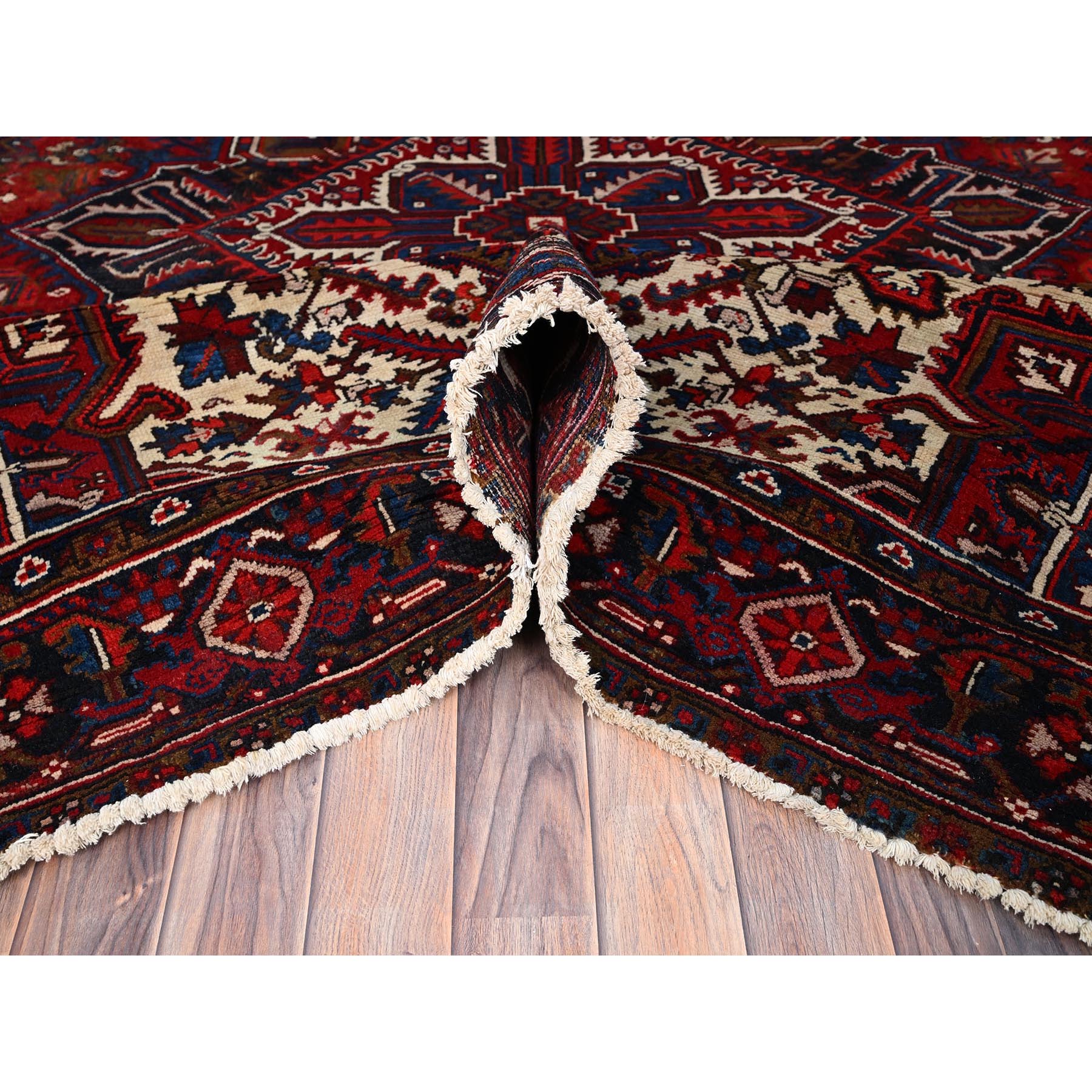 7'2"x9'6" Falcons Red, Ivory Color Corners, Good Condition, Sides and Ends Professionally Secured, Cleaned, Soft Wool, Vintage and Evenly Worn Persian Heriz, Hand Knotted, Oriental Rug Sh85916