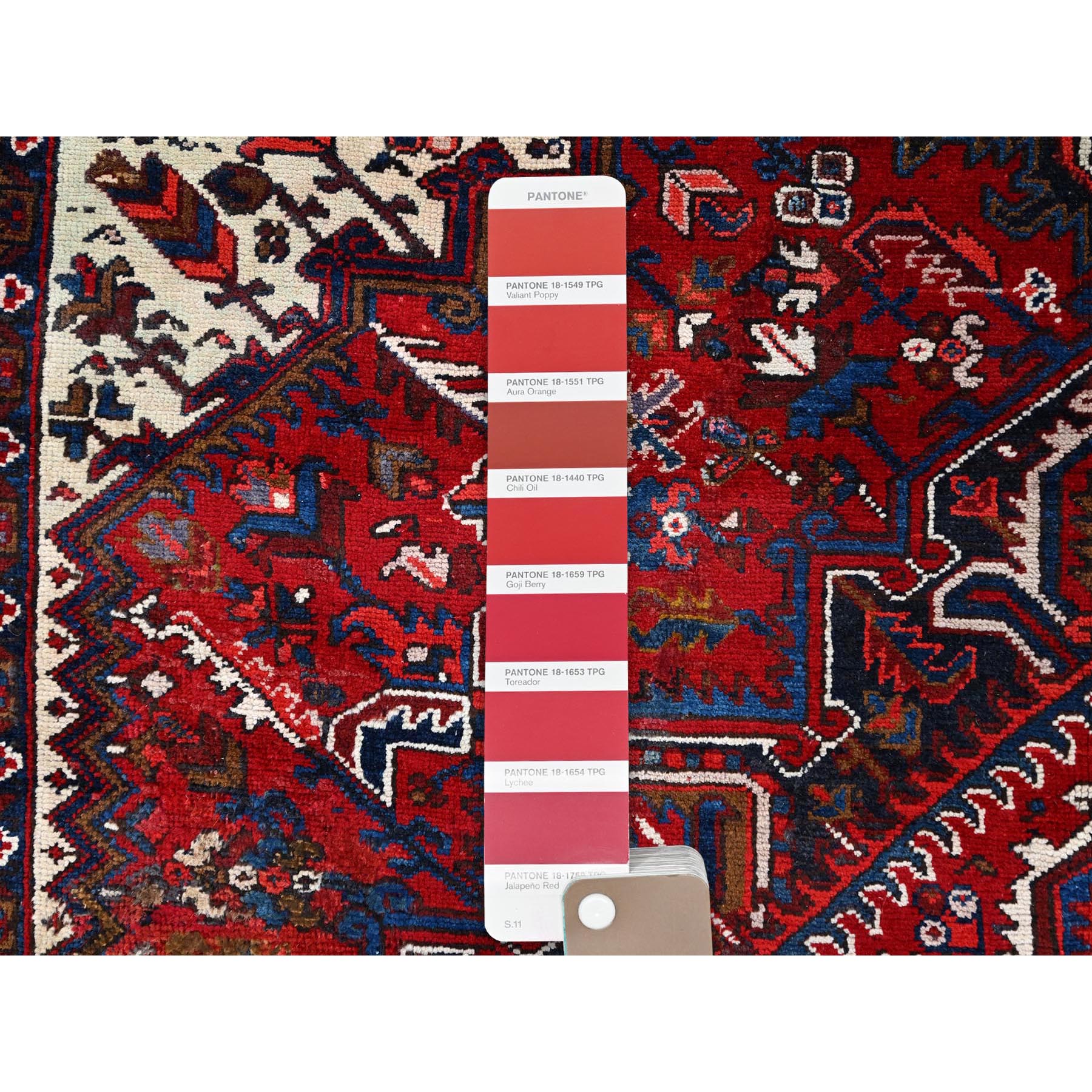 7'2"x9'6" Falcons Red, Ivory Color Corners, Good Condition, Sides and Ends Professionally Secured, Cleaned, Soft Wool, Vintage and Evenly Worn Persian Heriz, Hand Knotted, Oriental Rug Sh85916