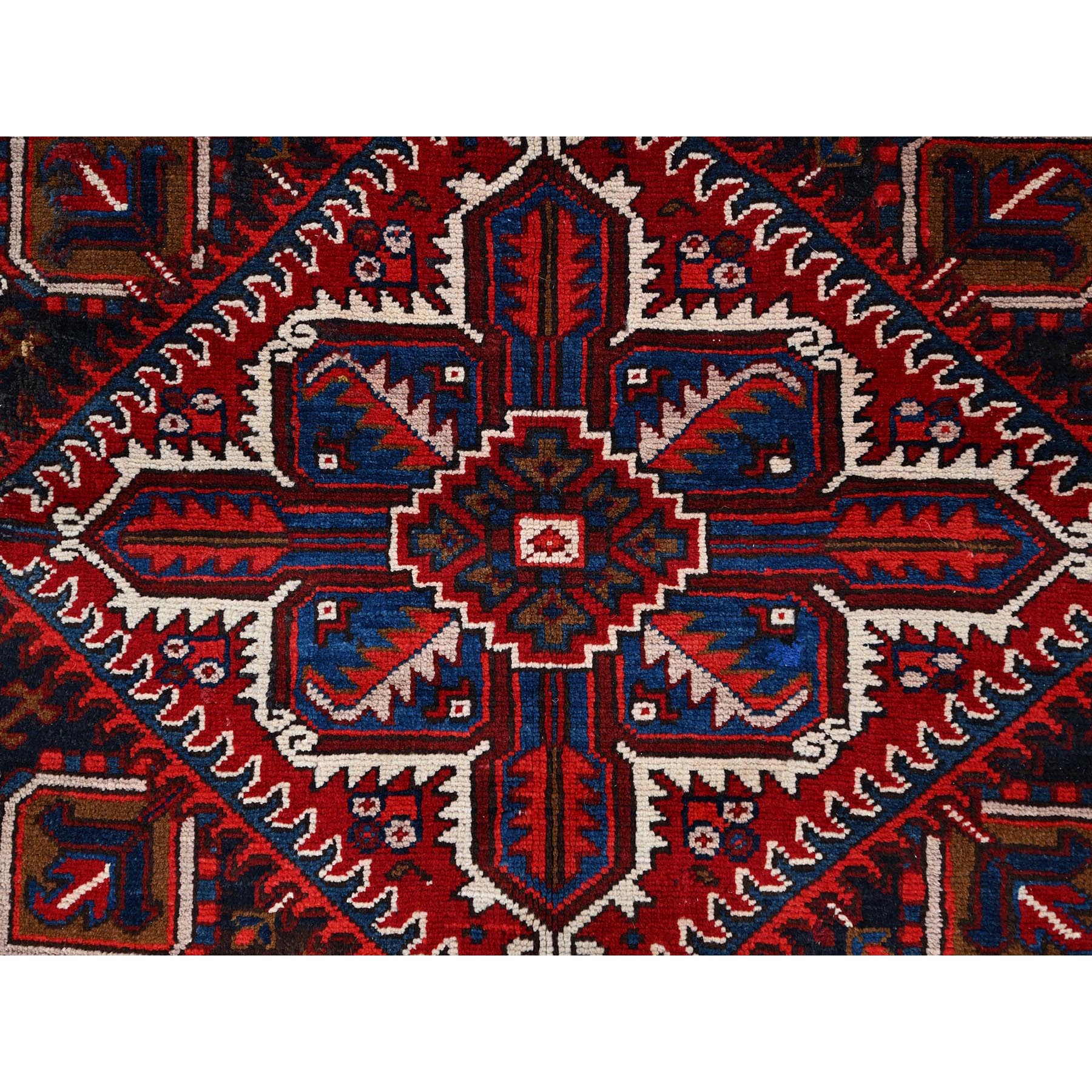 7'2"x9'6" Falcons Red, Ivory Color Corners, Good Condition, Sides and Ends Professionally Secured, Cleaned, Soft Wool, Vintage and Evenly Worn Persian Heriz, Hand Knotted, Oriental Rug Sh85916