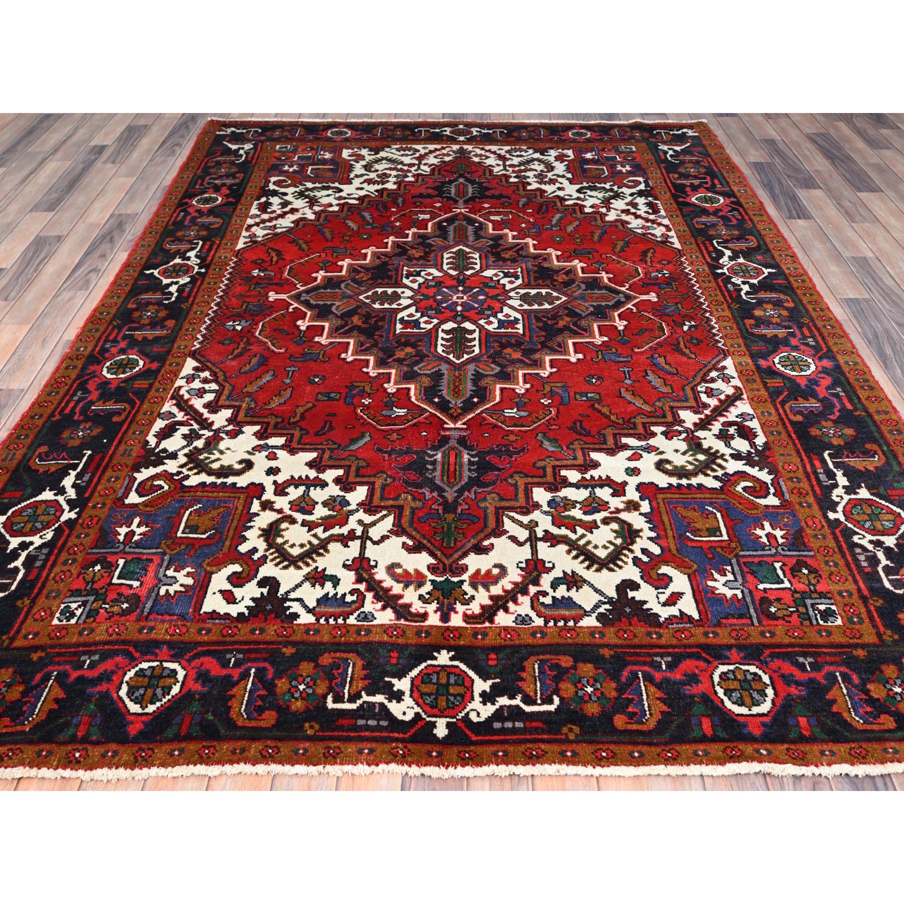 6'7"x9'2" Spanish Red, Semi Antique Persian Heriz, Organic Wool, Sides and Ends Professionally Secured, Cleaned, Hand Knotted Soft and Full Pile, Oriental Rug Sh85919