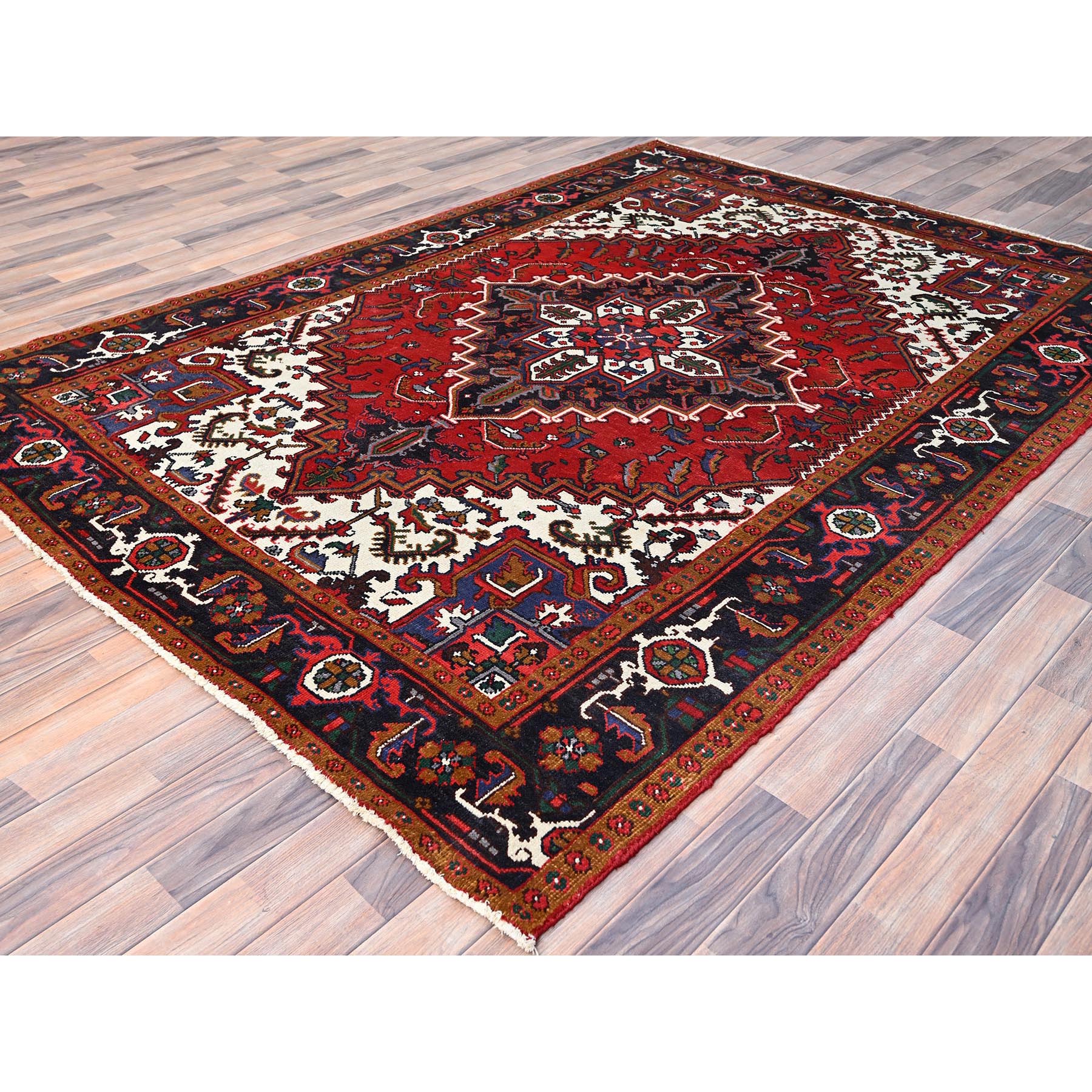 6'7"x9'2" Spanish Red, Semi Antique Persian Heriz, Organic Wool, Sides and Ends Professionally Secured, Cleaned, Hand Knotted Soft and Full Pile, Oriental Rug Sh85919